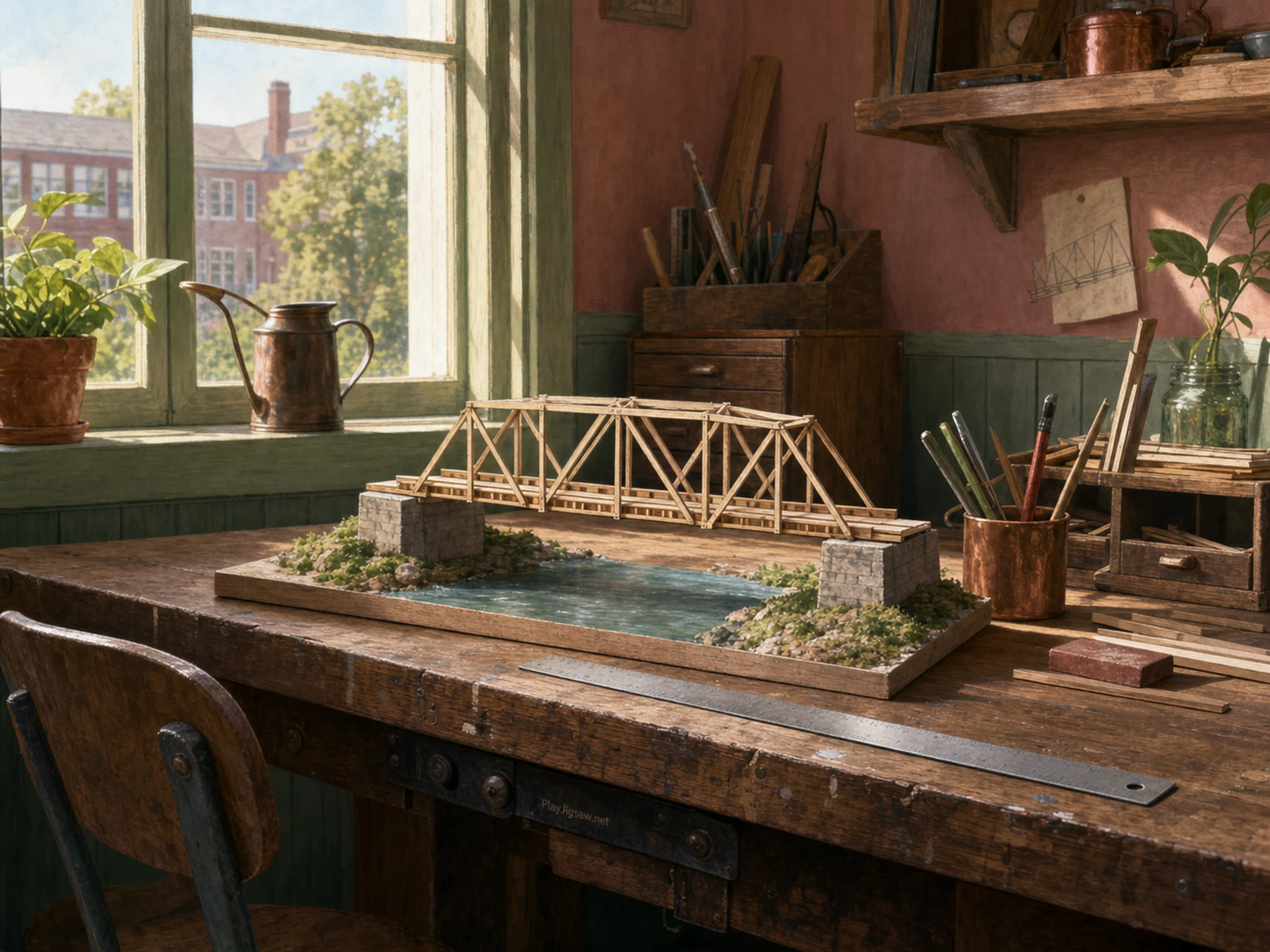 bridge model lab set up naturally beside a metal ruler without numbers in a model-bridge workbench inside a school project room, with familiar objects and clear early-morning.
