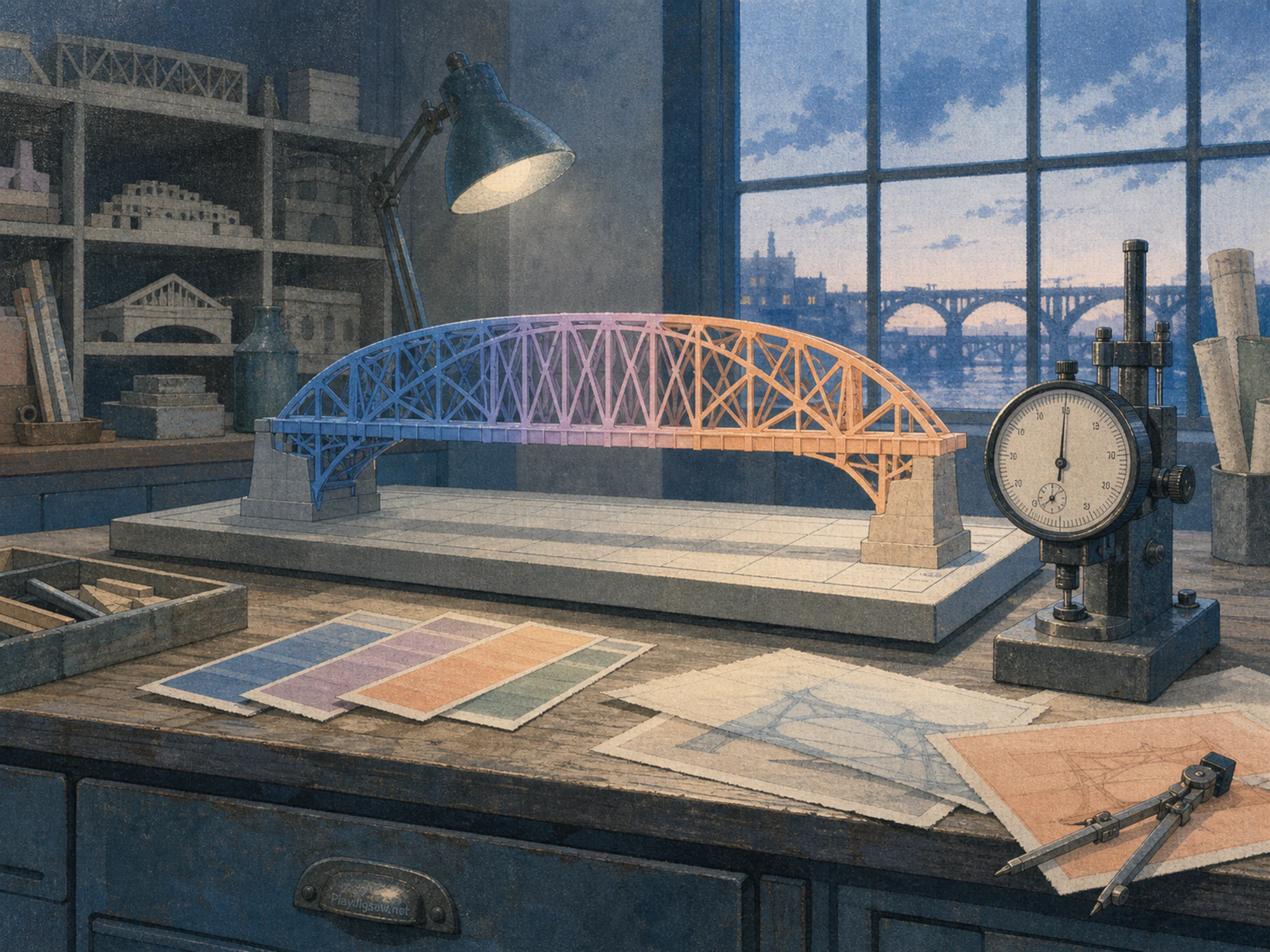 Bridge Model Lab changing color beside precision analog gauge in a museum collection workspace, with layered scenery and cool blue-hour light.