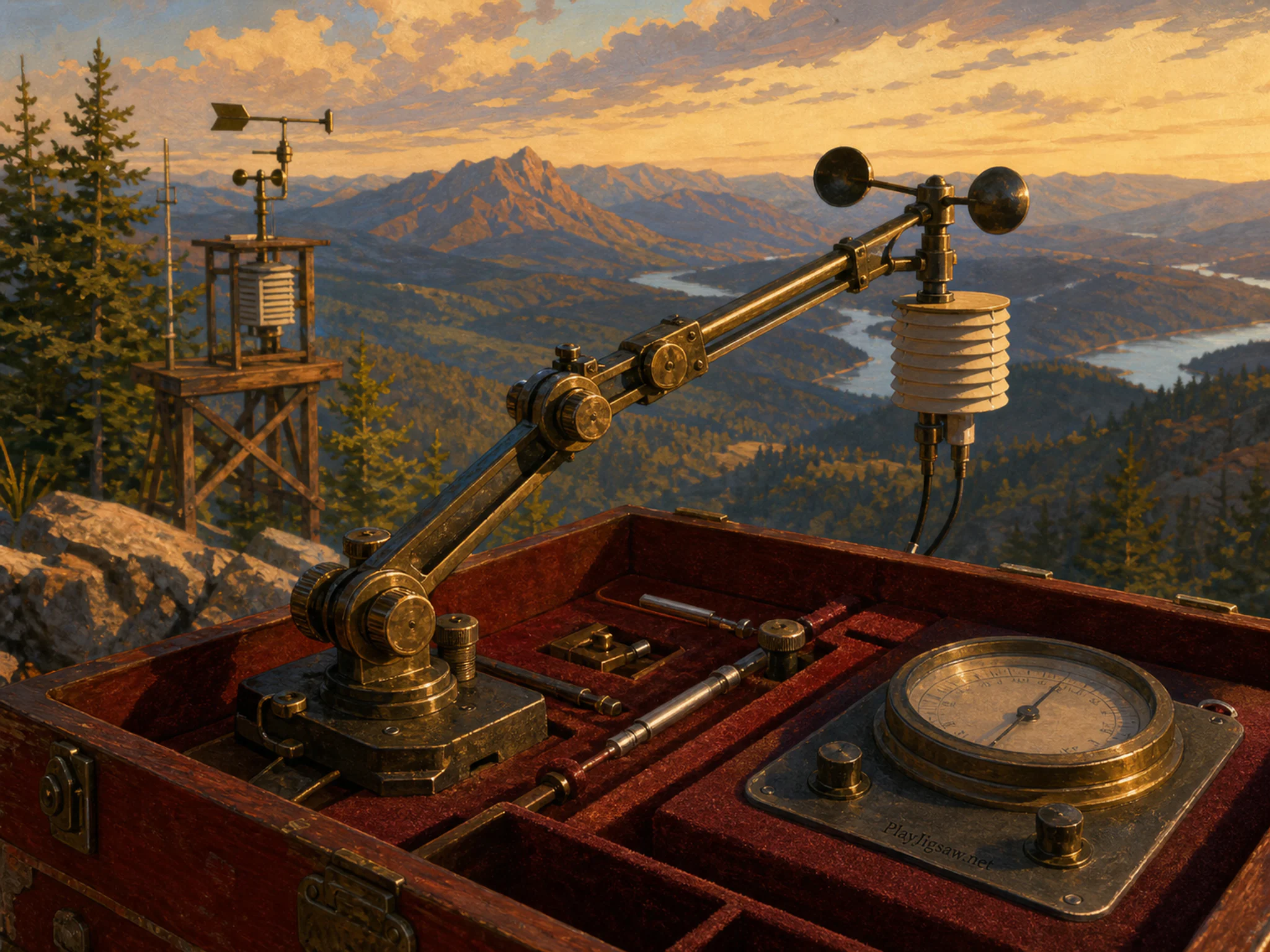 Mechanical Arm aligned across felt-lined instrument box in an open weather station, with layered scenery and warm late-day sunlight.