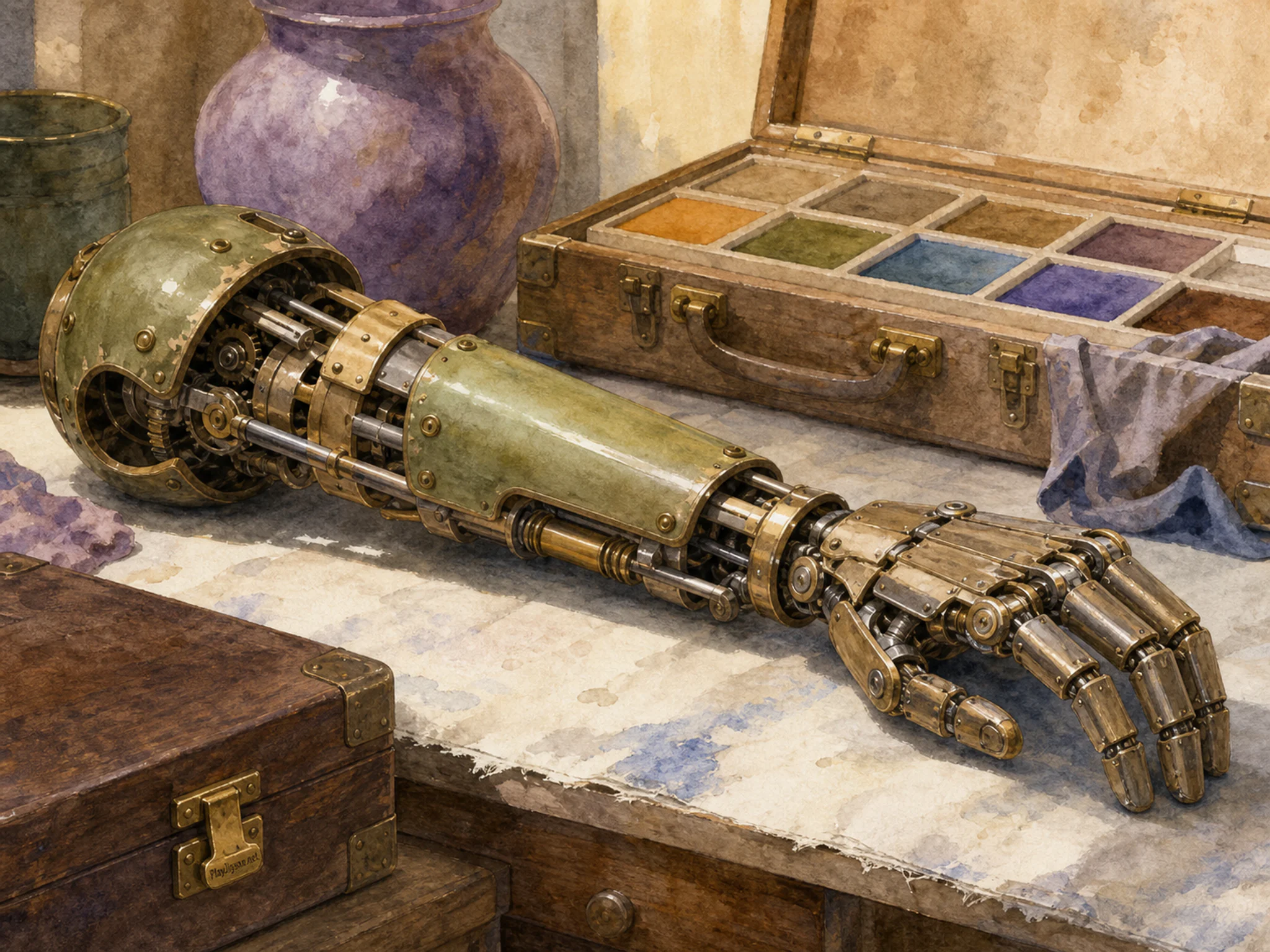 Mechanical Arm cataloged near canvas sample case in a clean instrument table, with layered scenery and clear early morning light.