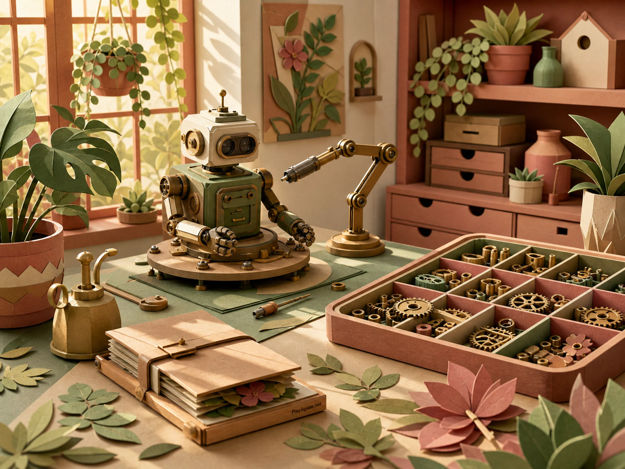 Robot Workbench being calibrated beside sorted component tray in a bright botanical worktable, with layered scenery and warm late-day sunlight.