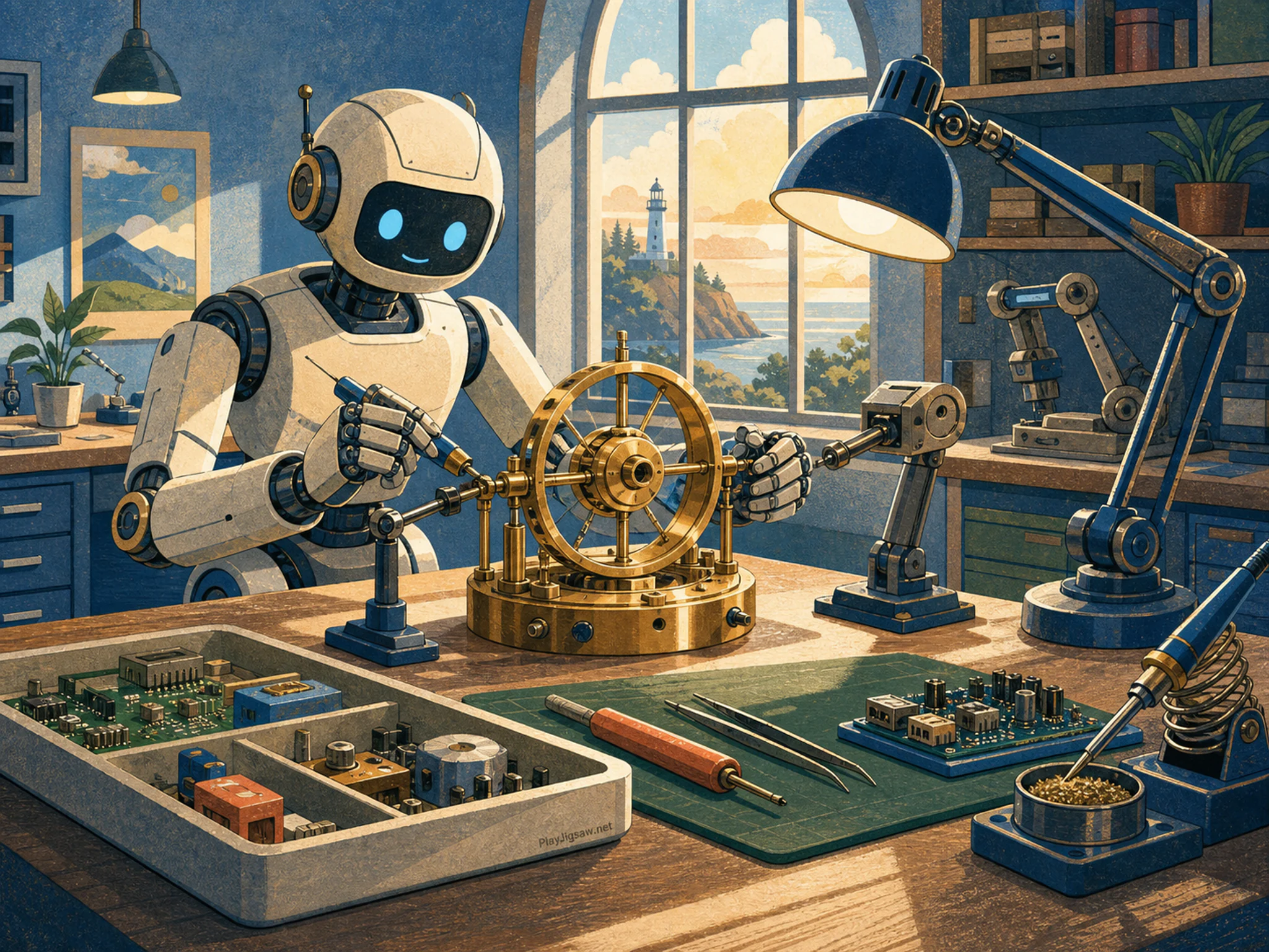Robot Workbench assembled around brass calibration wheel in a practical engineering bench, with layered scenery and clear early morning light.