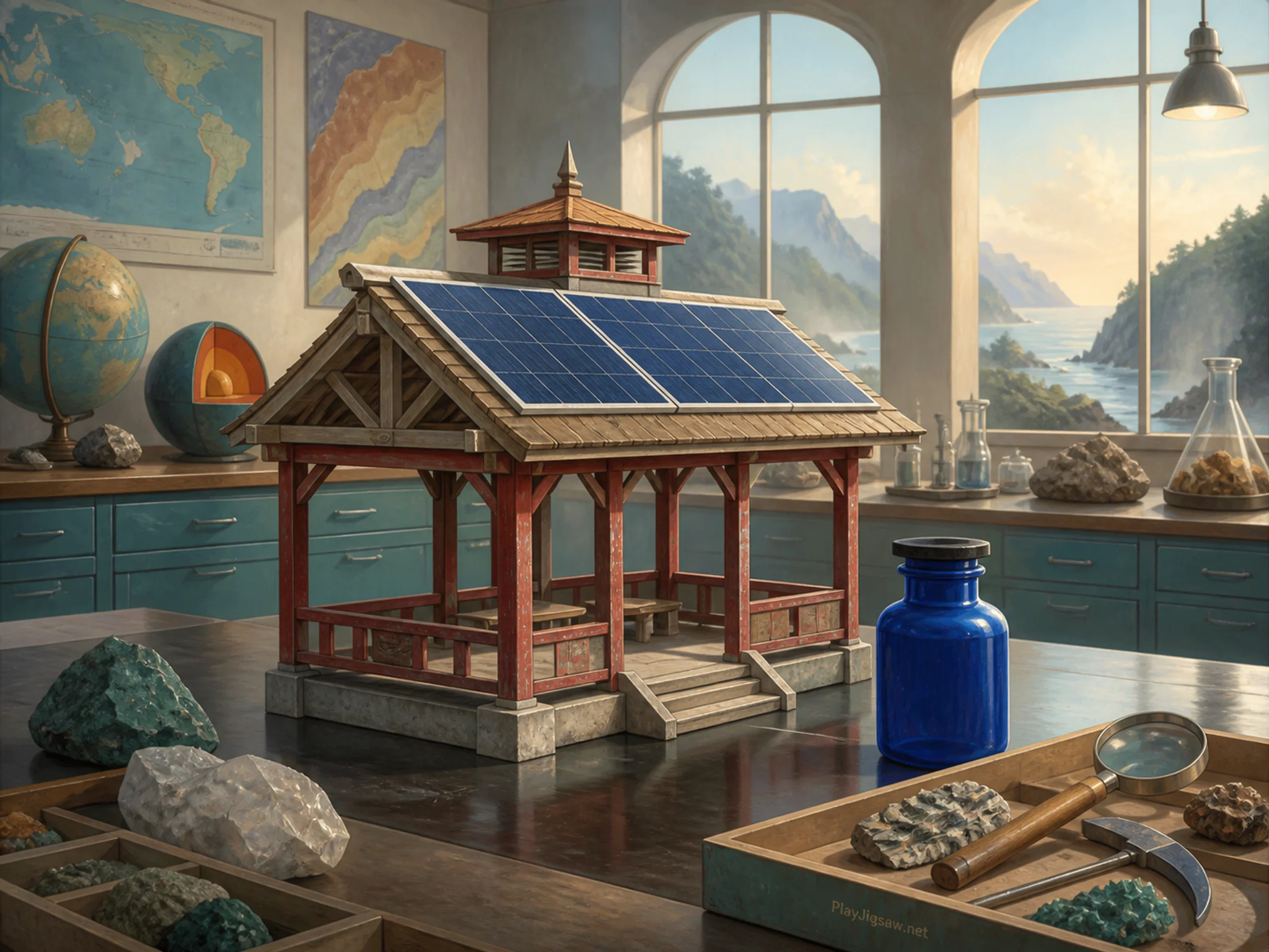 Solar Pavilion measuring above cobalt reagent bottle without text in a labeled-free earth science lab, with layered scenery and calm misty dawn.