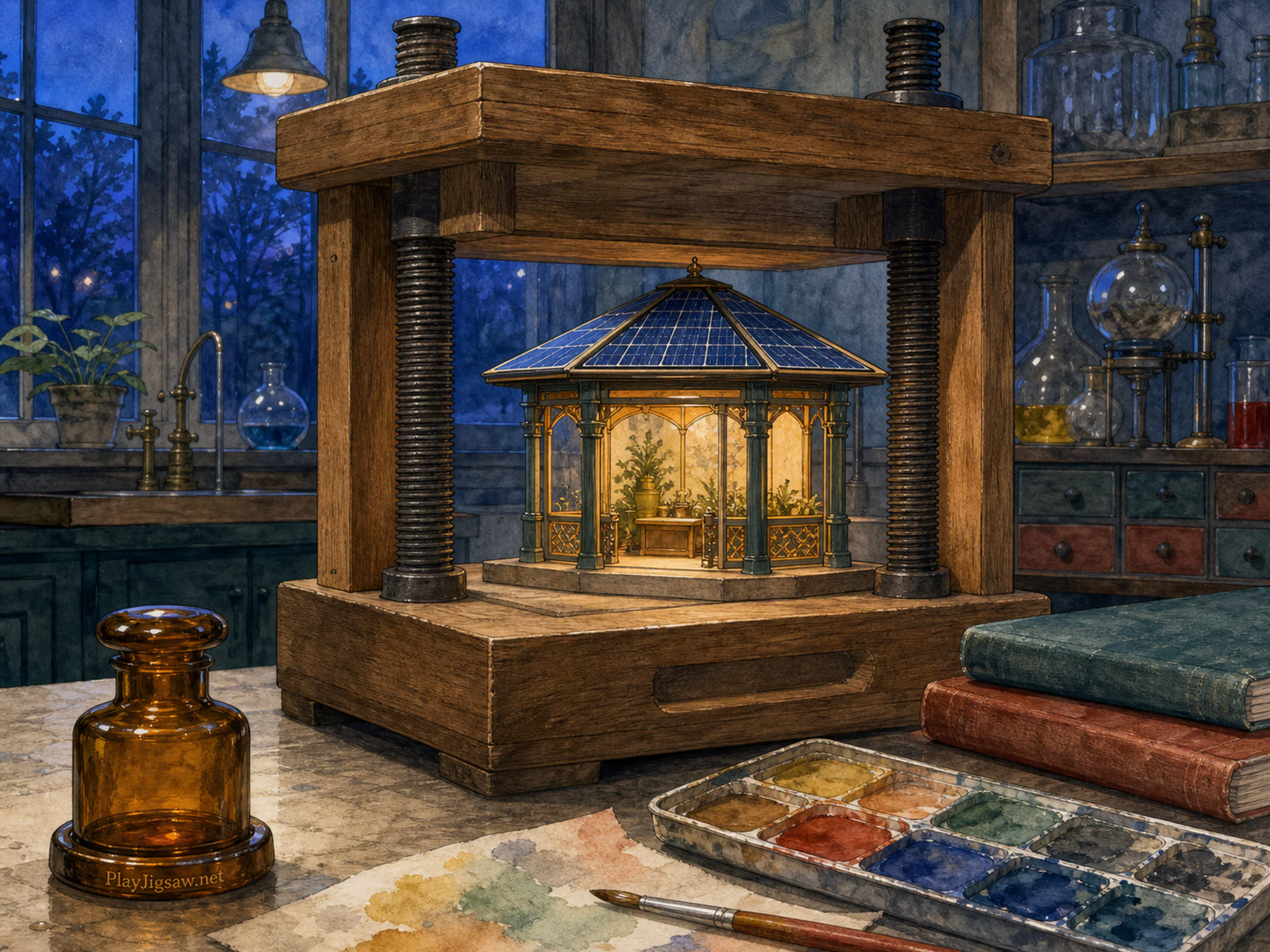 Solar Pavilion stored within wooden specimen press in a color-filled chemistry room, with layered scenery and cool blue-hour light.