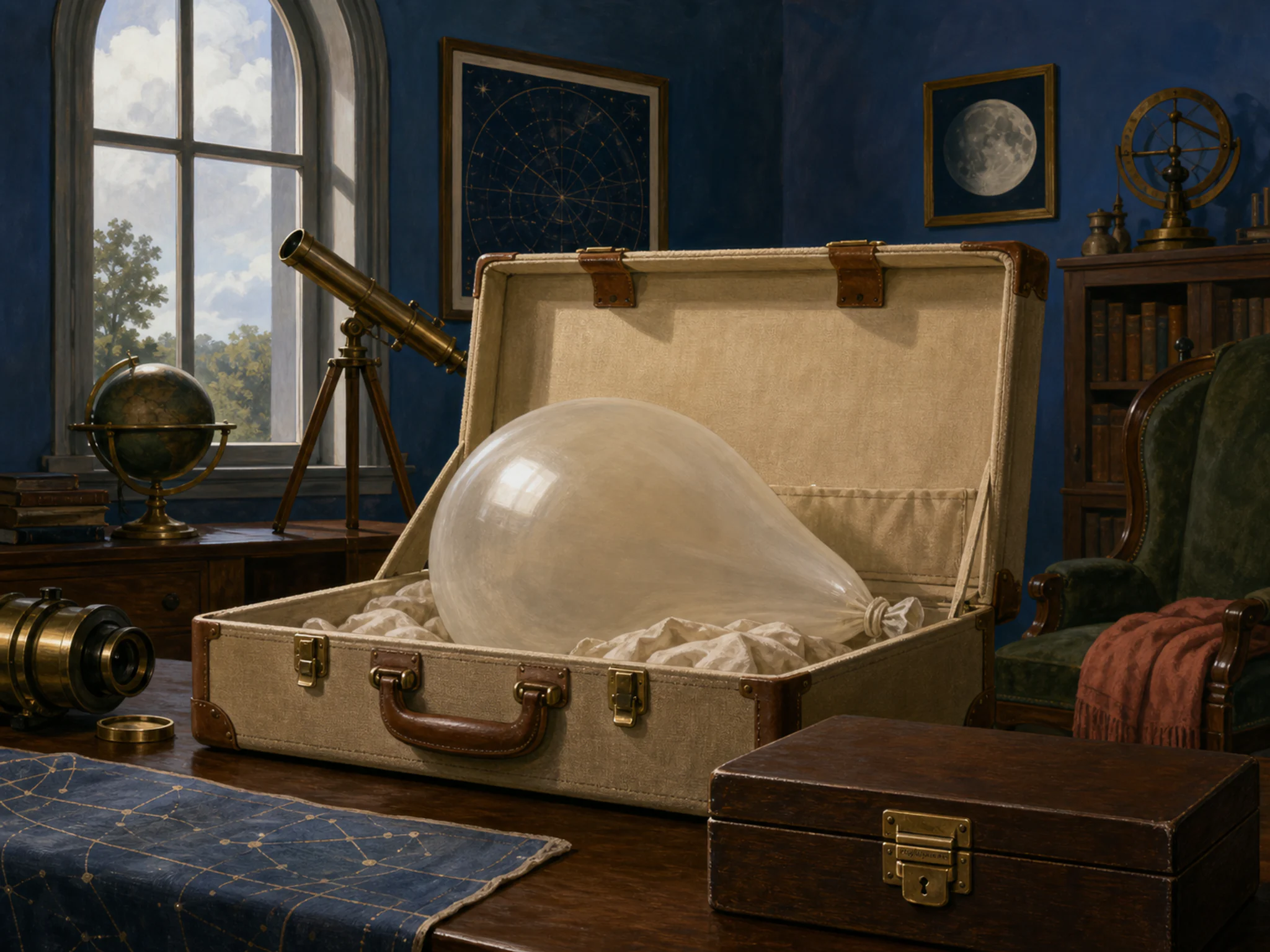 Balloon Shed stored within canvas sample case in a darkened astronomy room, with layered scenery and soft overcast afternoon.