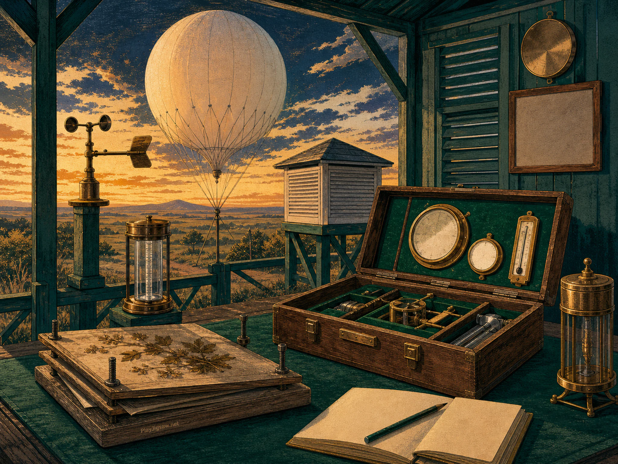 Balloon Shed measuring above felt-lined instrument box in an open weather station, with layered scenery and golden lamplight at dusk.