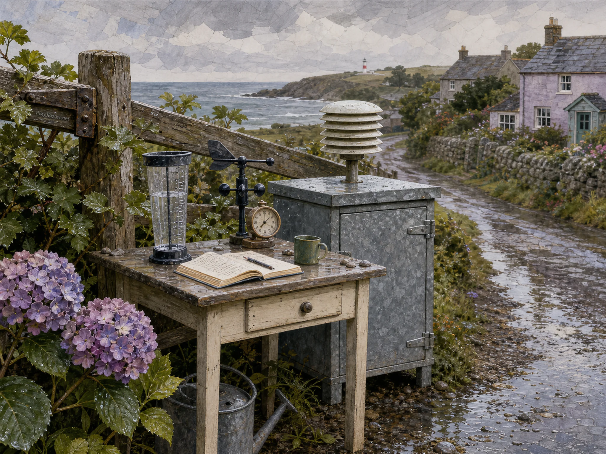 coastal weather desk set up naturally beside a galvanized instrument box in a small coastal weather desk beside a rural garden fence, with familiar objects and gentle rain with.
