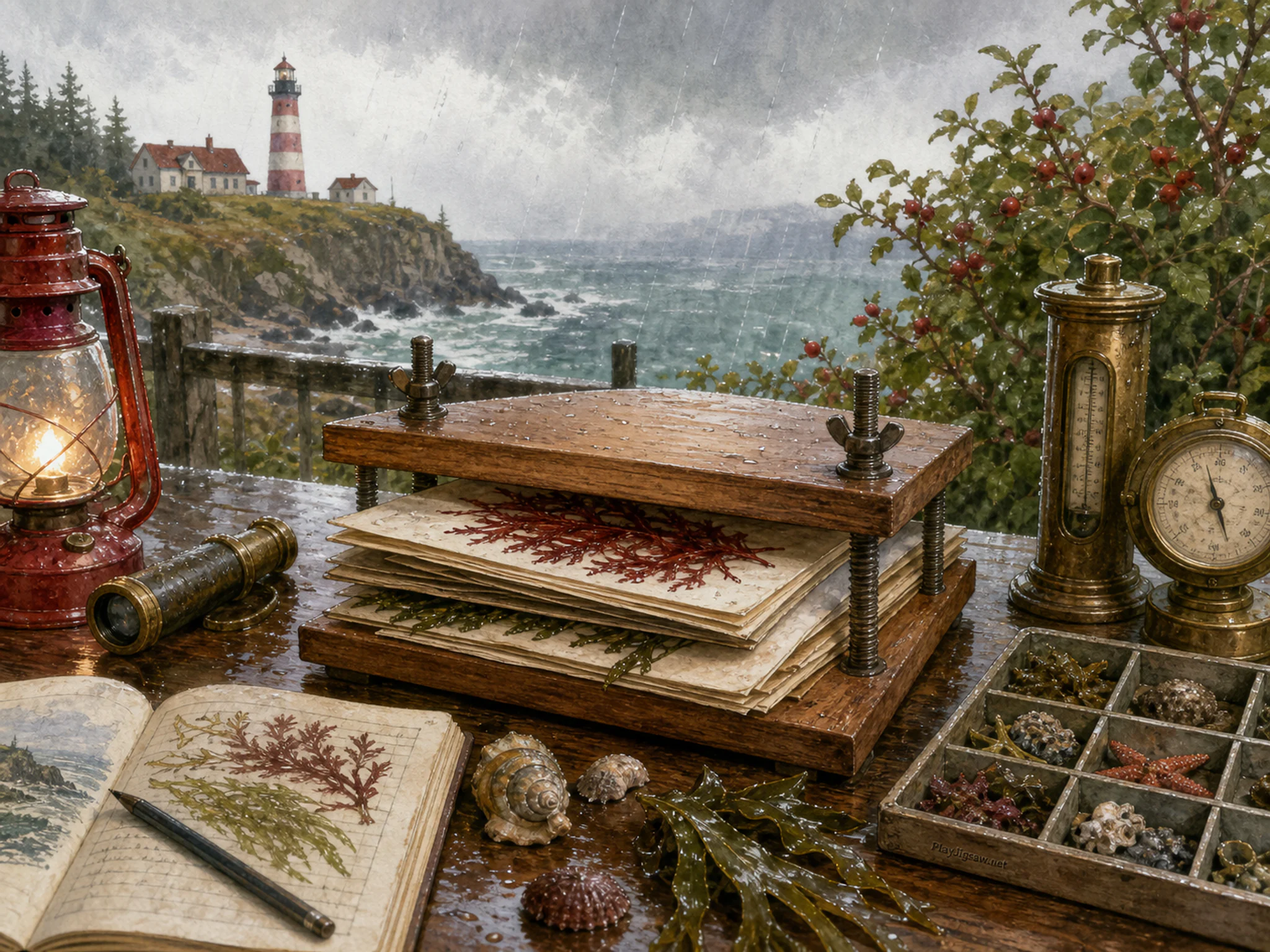 Coastal Weather Desk assembled around wooden specimen press in a clean instrument table, with layered scenery and gentle rain with crisp reflections.