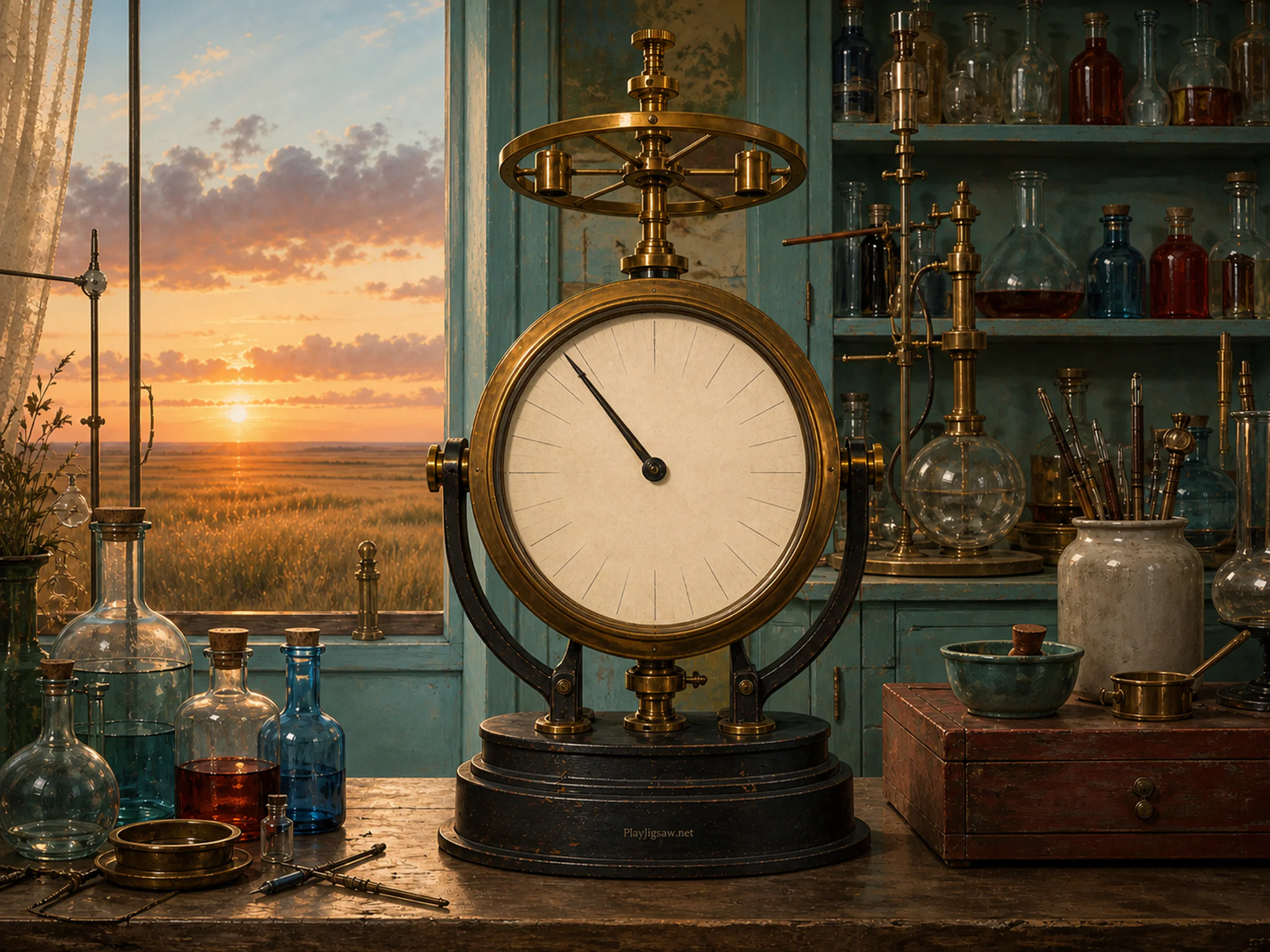 Prairie Wind Meter pressed beneath brass calibration wheel in a color-filled chemistry room, with layered scenery and golden lamplight at dusk.