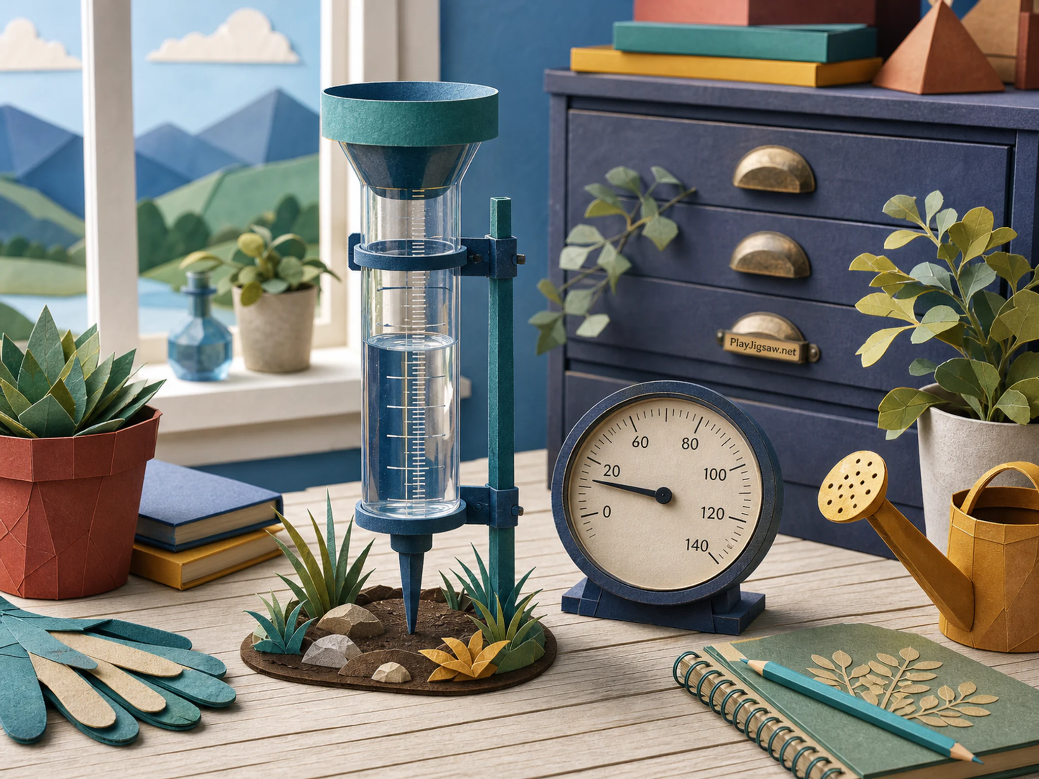 Rain Gauge Station cataloged near precision analog gauge in a bright botanical worktable, with layered scenery and bright diffused window light.