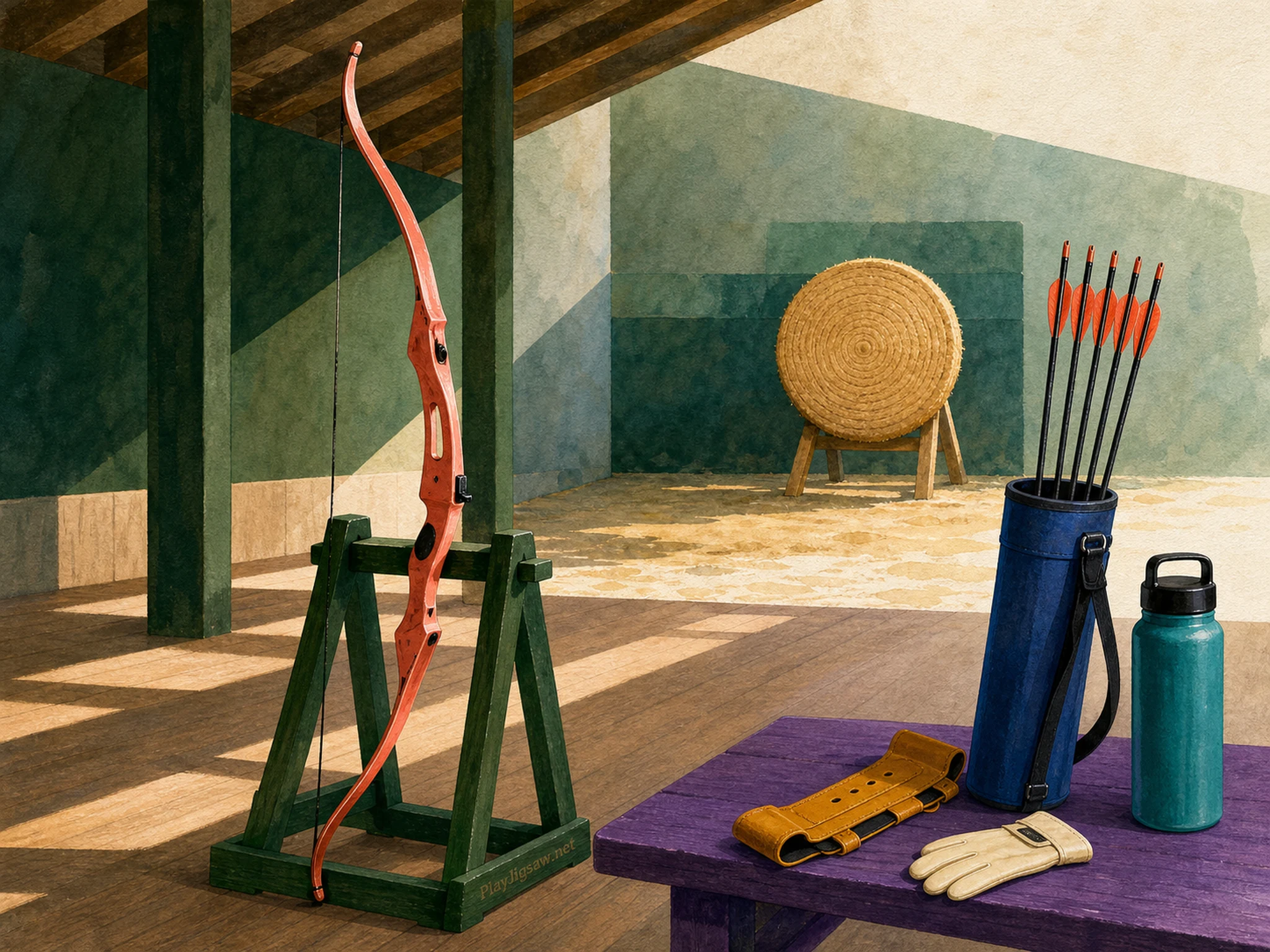 A covered archery range with a coral recurve bow on a forest-green stand, straw target, cobalt quiver, mustard guard, ivory glove, violet bench, teal bottle, and a PlayJigsaw.net burned stand mark, rendered in sports editorial watercolor.