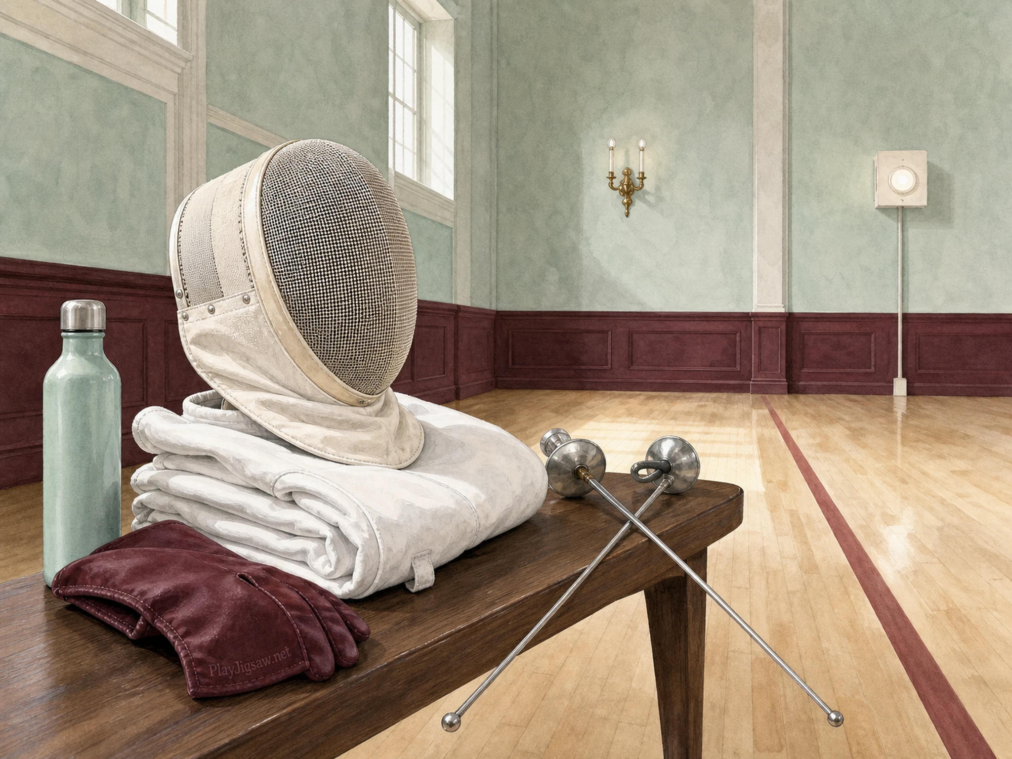An ivory fencing mask and folded jacket on a walnut bench with crossed silver foils, oxblood glove, mint bottle, burgundy panels, and a tiny embroidered maker label