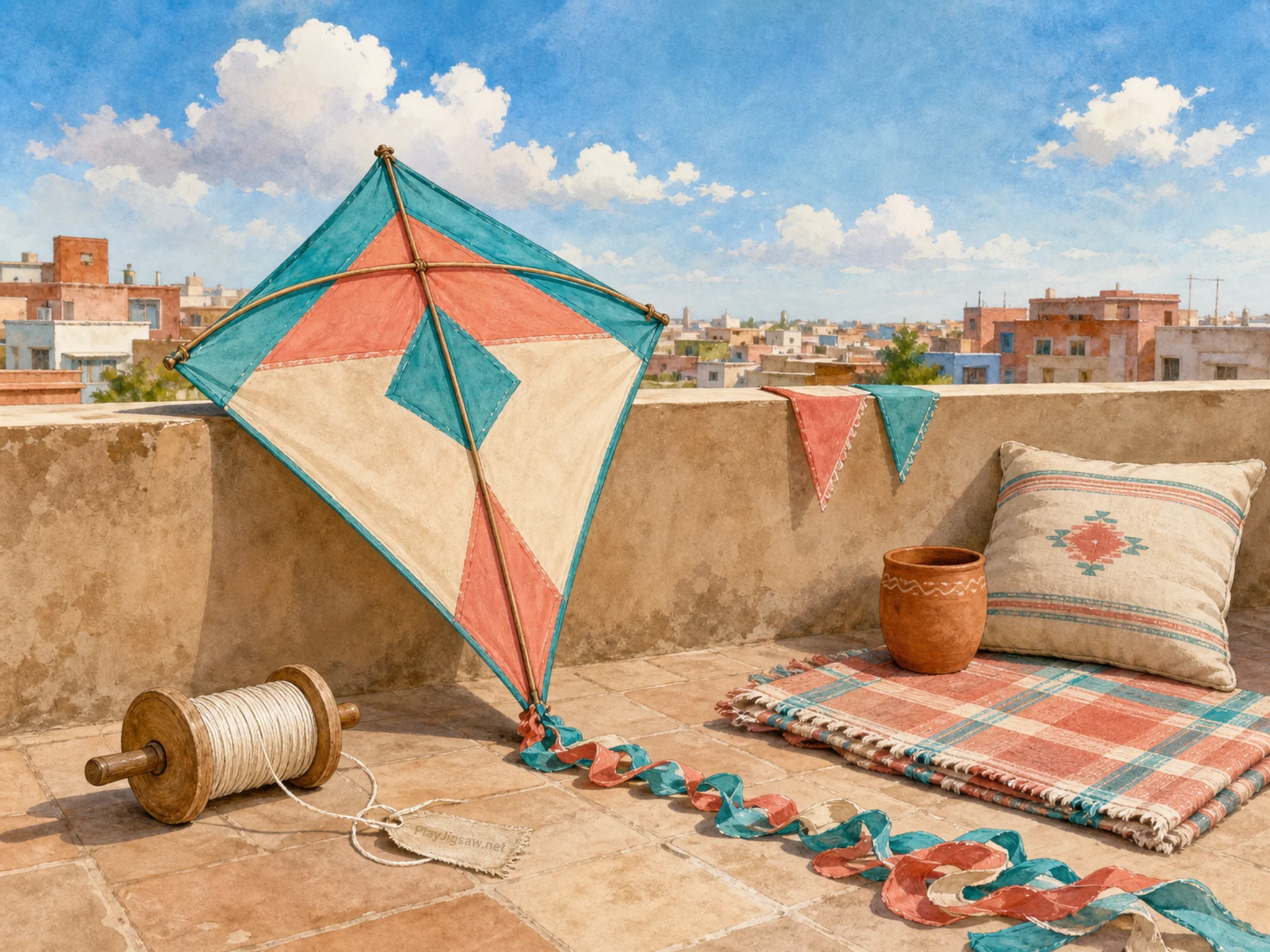 A sunny rooftop festival scene with a large diamond kite, spool of string, rooftop tiles, folded cloth, smaller kites, clay cup, flag bunting, and a tiny stamped in-world maker mark