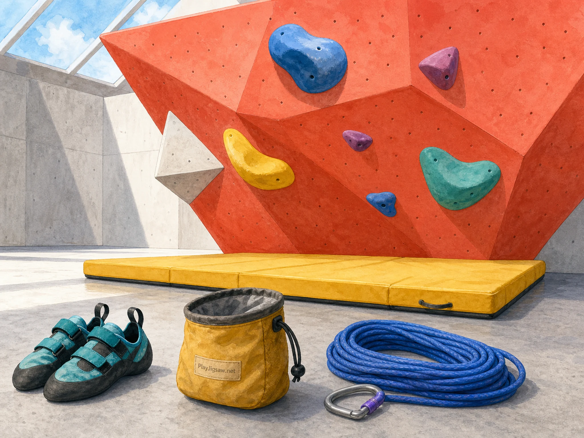 A bright coral indoor climbing wall with large colorful holds, turquoise shoes, mustard chalk bag, cobalt rope, silver carabiner, and yellow crash mat