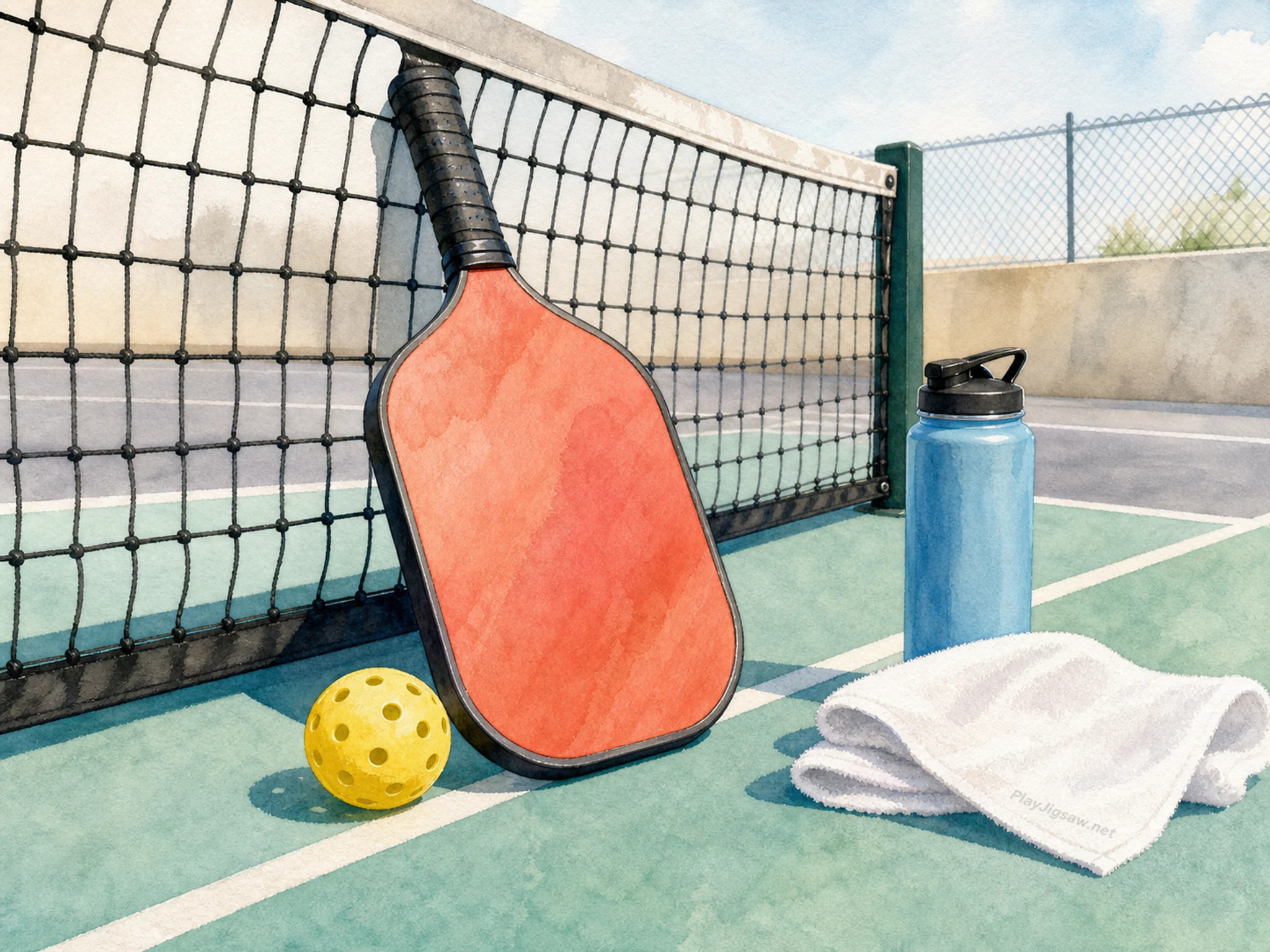 A pastel pickleball court with a coral paddle leaning against a low net, yellow ball, mint court line, blue water bottle, white towel, chain fence, distant pale wall, and a tiny in-world towel mark