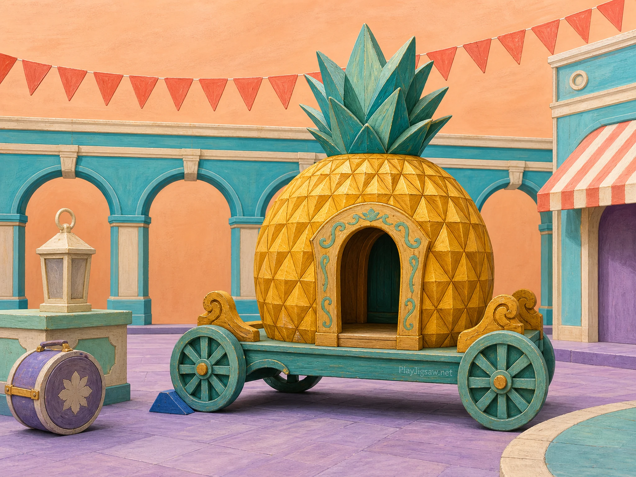 A golden pineapple-shaped wooden parade float on teal wheels in a lavender plaza with coral pennants, turquoise arches, and a small chassis mark