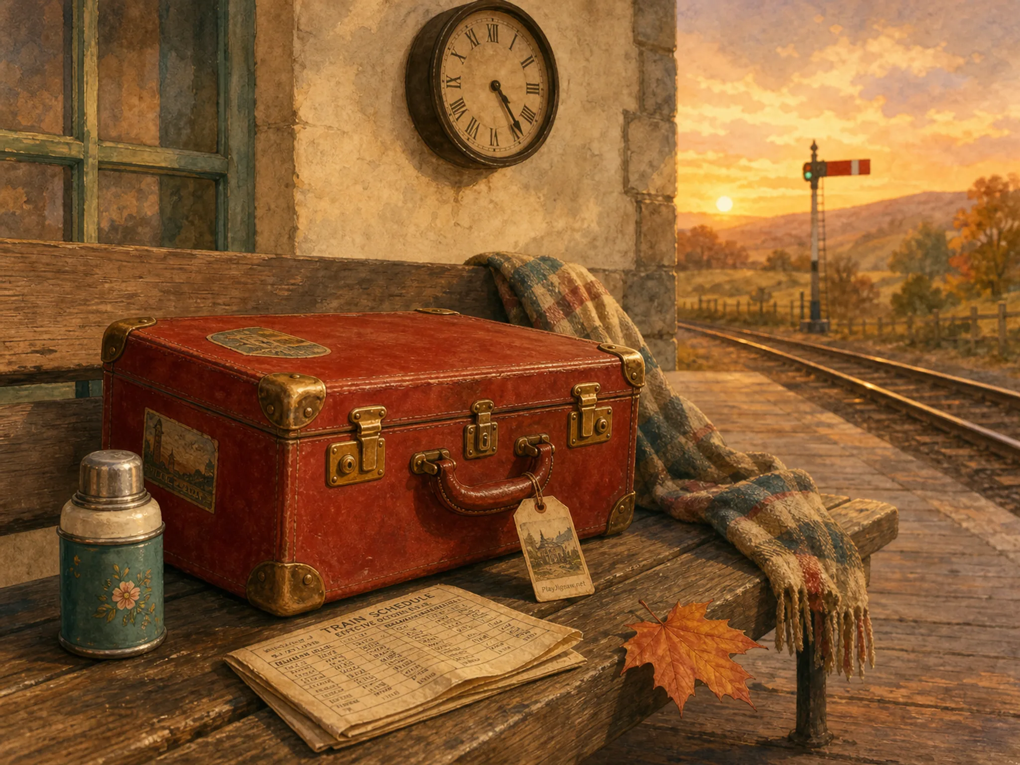 A quiet autumn train platform with a vintage red suitcase, folded timetable, enamel thermos, station clock, maple leaf, scarf, and distant train signal