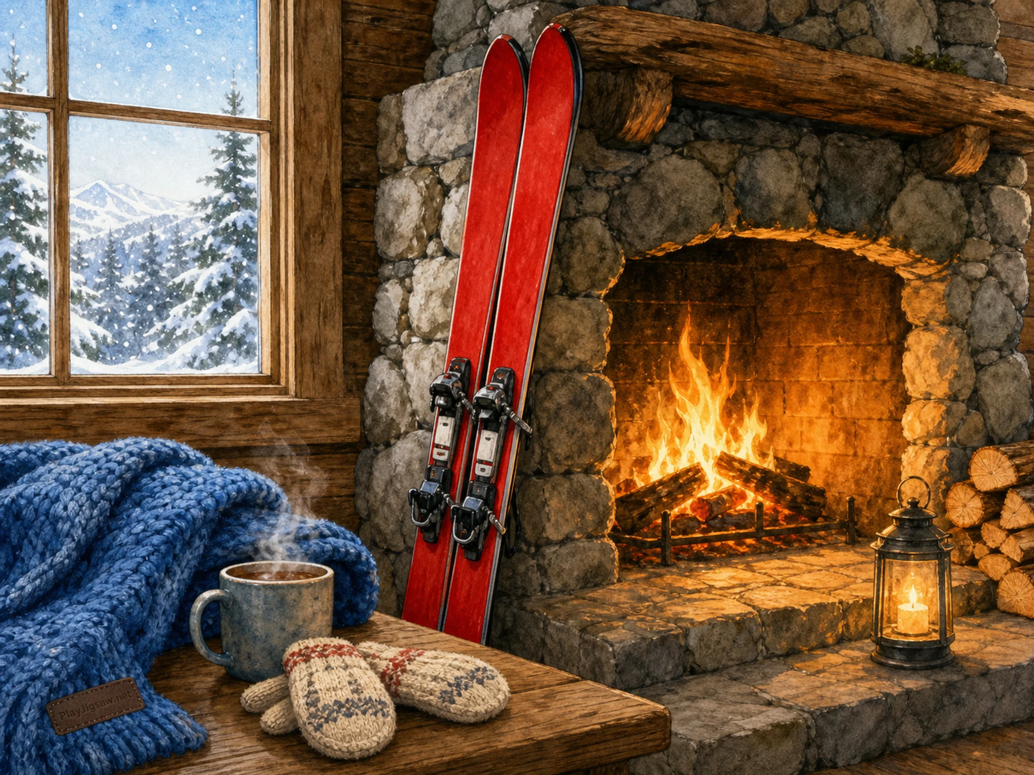 A ski lodge fireplace corner with crossed wooden skis, stone hearth, red wool blanket, cocoa mug, snow boots, pine wreath, snowy window glow, and a tiny in-world maker mark on a ski strap