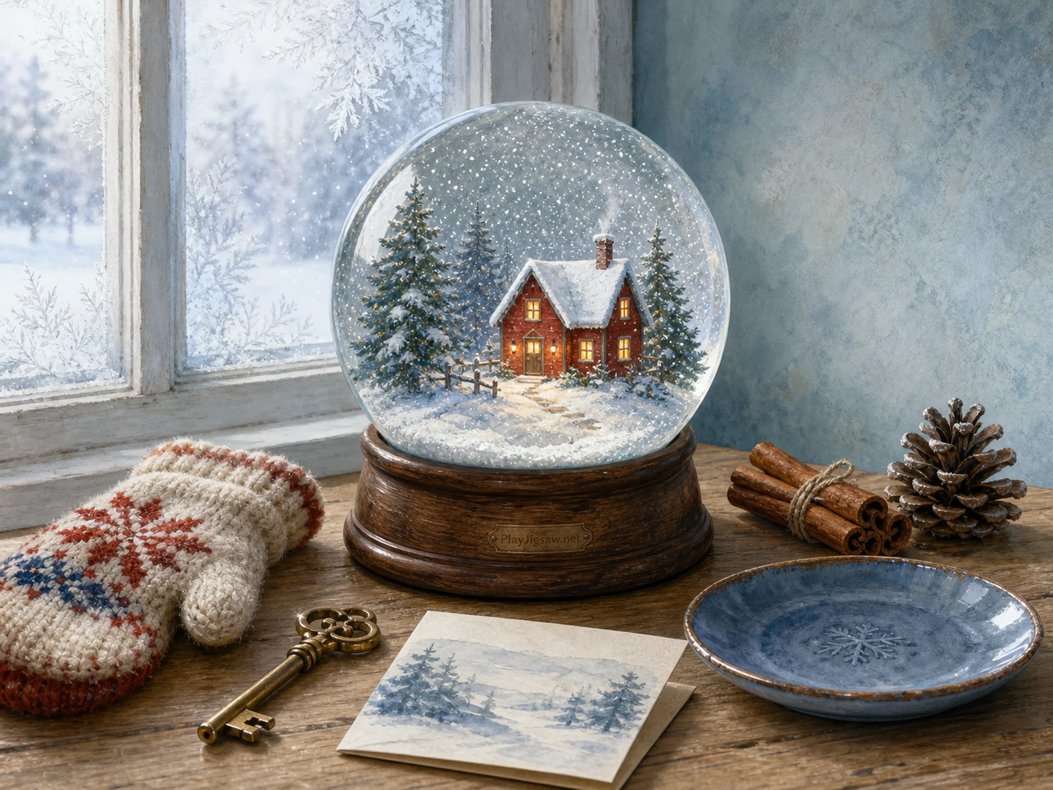 A winter windowside desk with a snow globe containing a tiny red cabin, wool mitten, brass key, postcard, cinnamon sticks, blue saucer, and pinecone