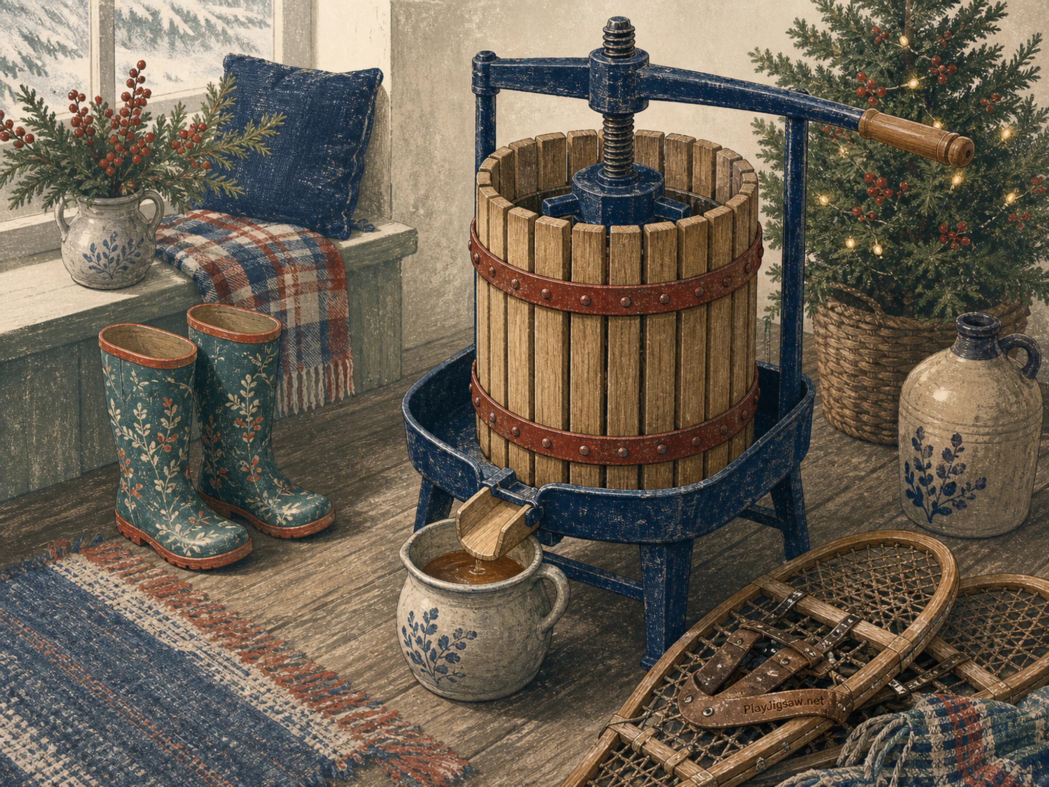 Cider Press sheltered beside painted garden boots in a restrained festive interior, with layered scenery and soft overcast afternoon.