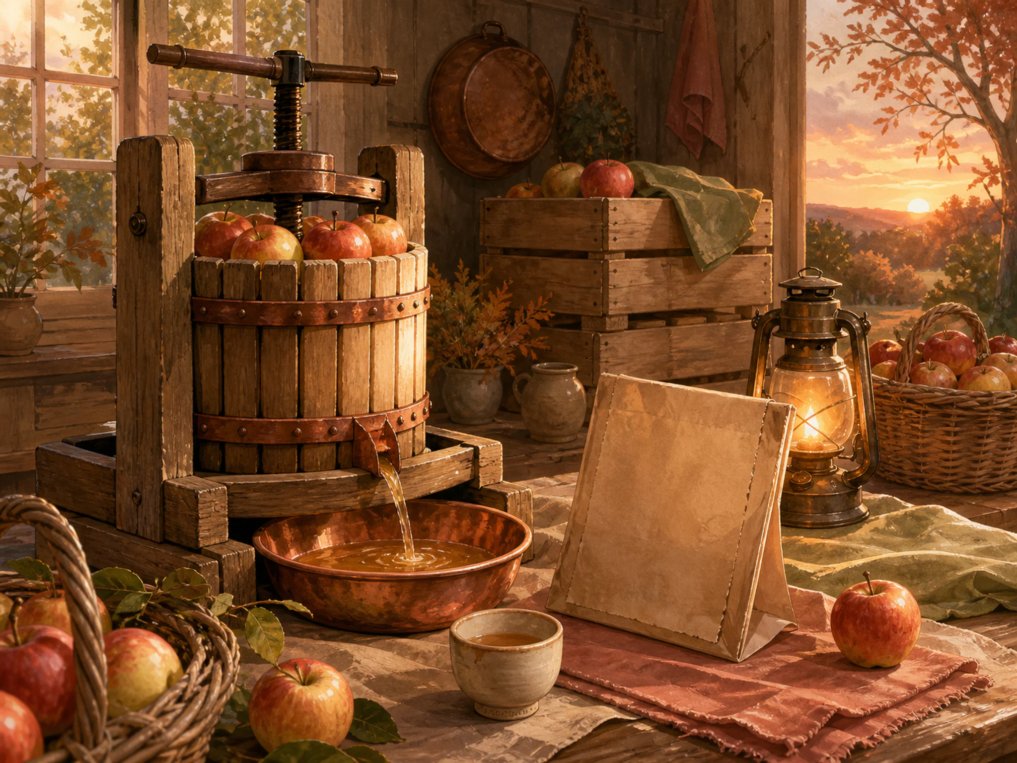 Cider Press filled beside paper craft packet without text in a warm harvest workspace, with layered scenery and golden lamplight at dusk.