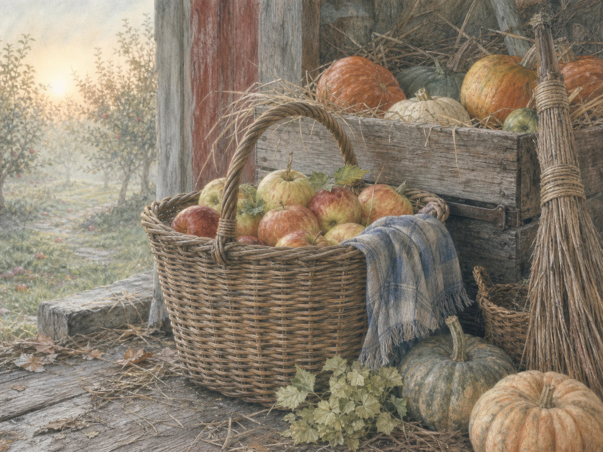 orchard basket arranged naturally beside a wooden produce crate in a harvest shed with pumpkins, crates and a broom, with familiar objects and calm misty dawn.