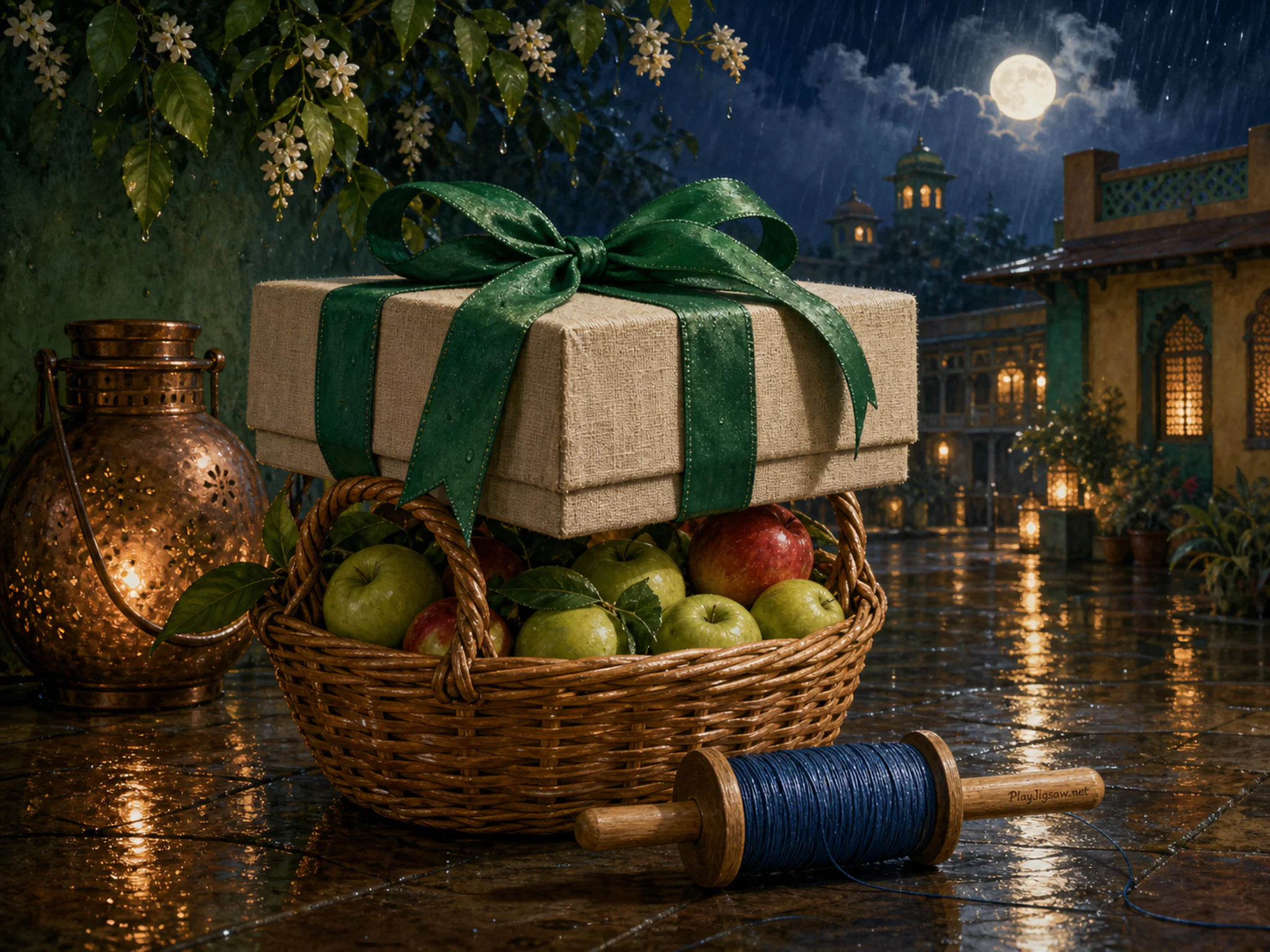Orchard Basket resting beneath linen ribbon box in a glowing communal evening, with layered scenery and gentle rain with crisp reflections.