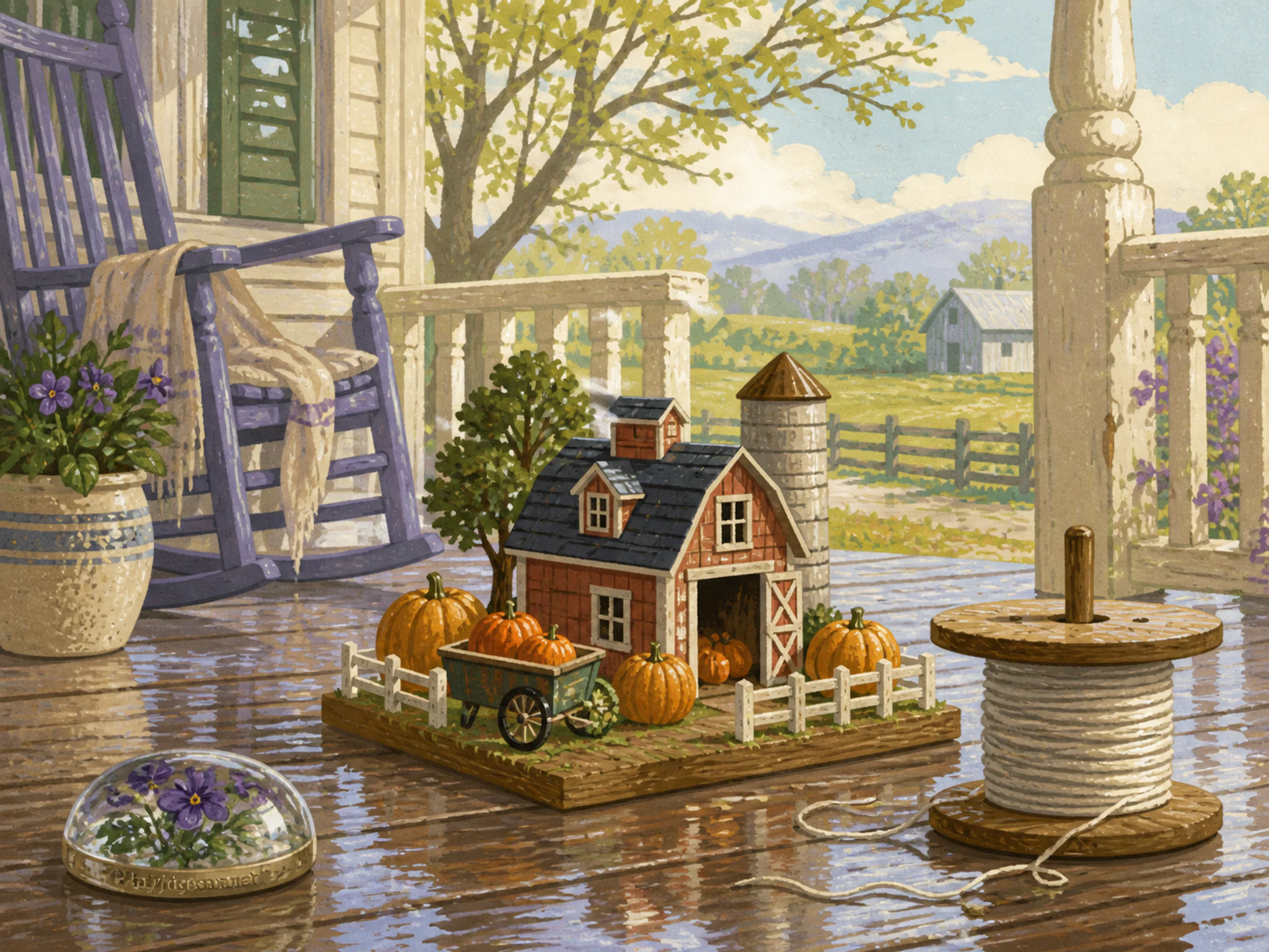 Pumpkin Farm ready near wooden kite spool in a fresh rain-washed spring porch, with layered scenery and bright diffused window light.