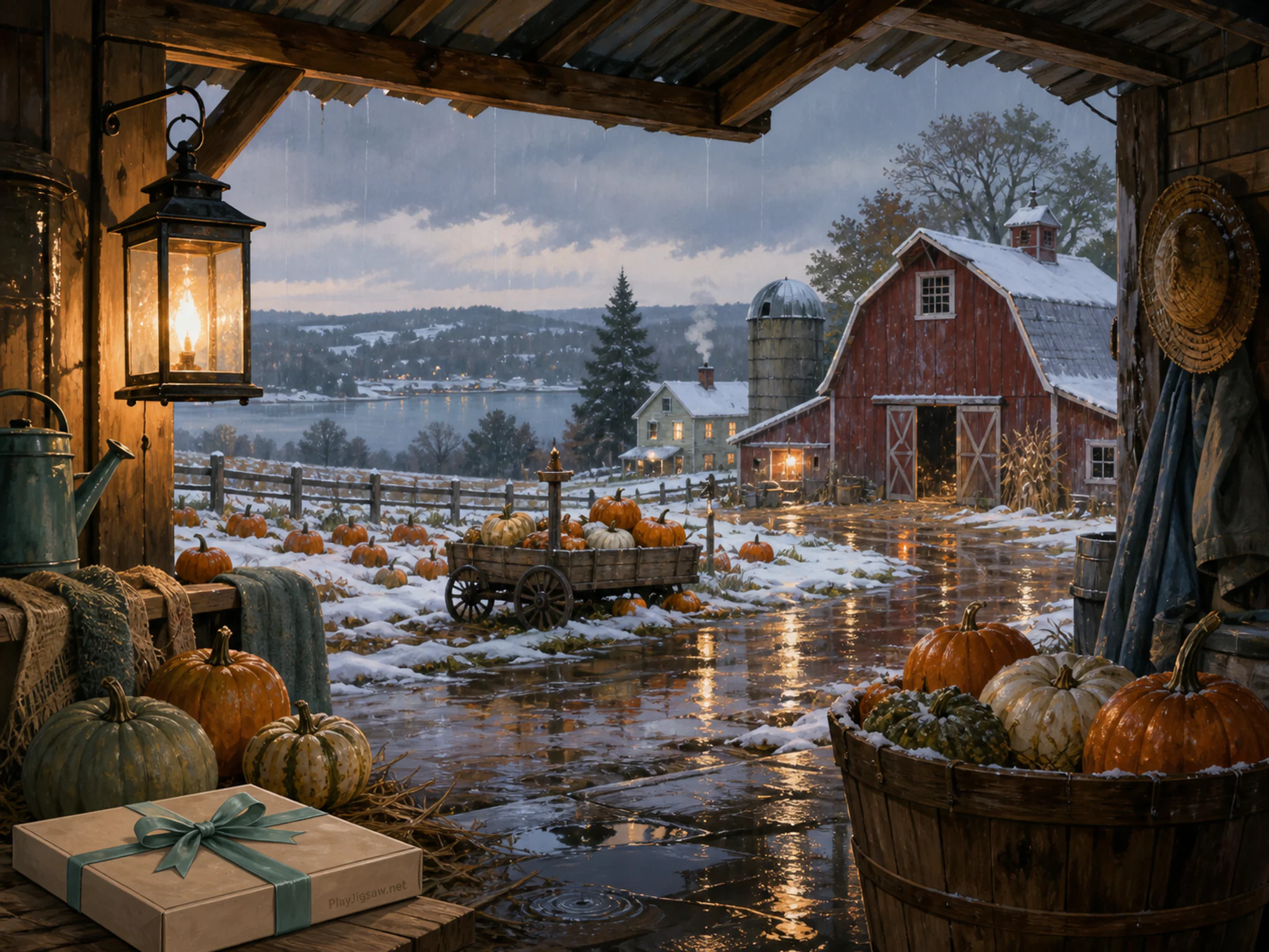 Pumpkin Farm glowing around small lantern frame in a snow-softened winter shelter, with layered scenery and gentle rain with crisp reflections.