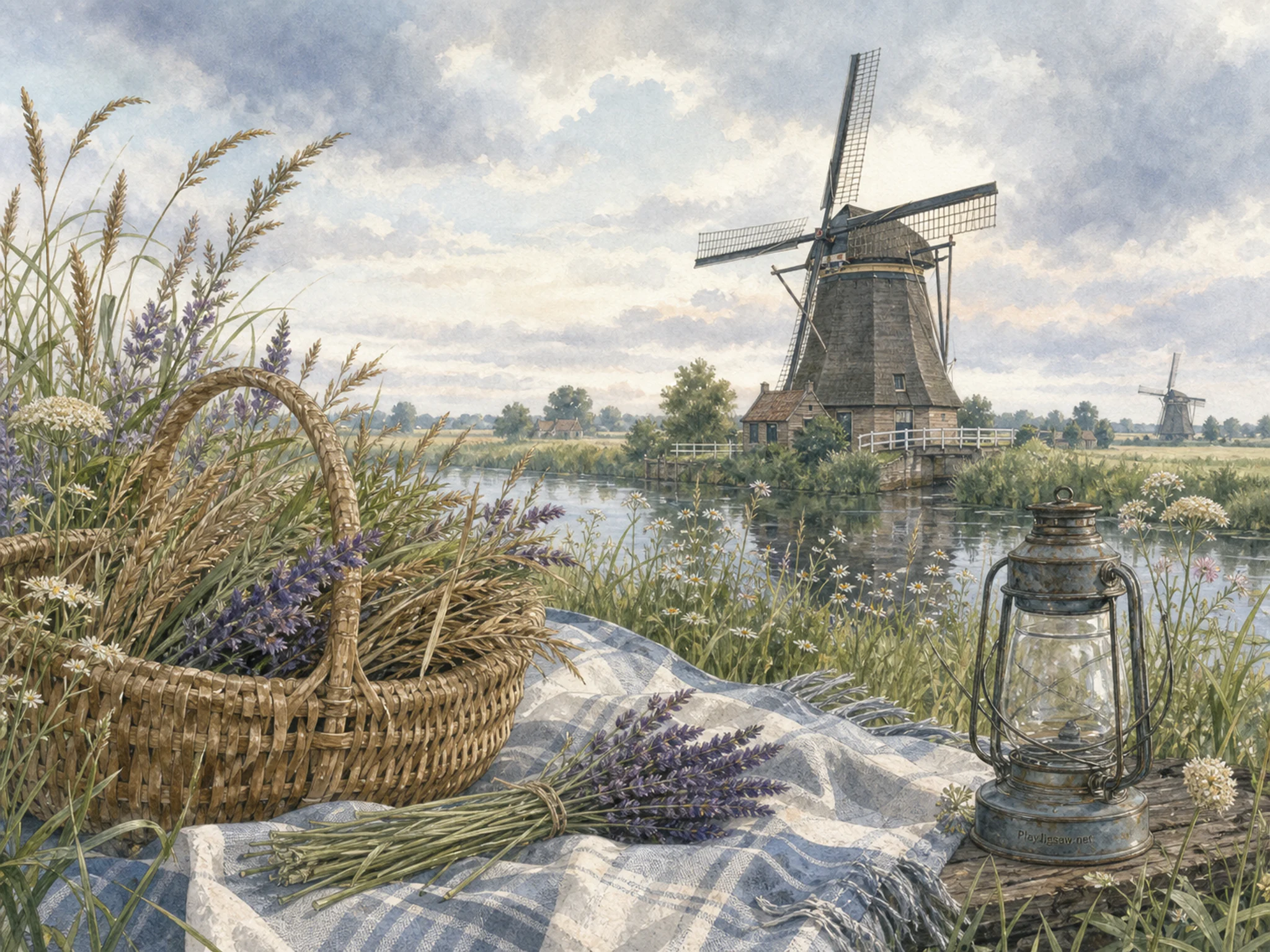 Windmill Evening being folded on woven harvest basket in a bright midsummer outdoor setting, with layered scenery and soft overcast afternoon.