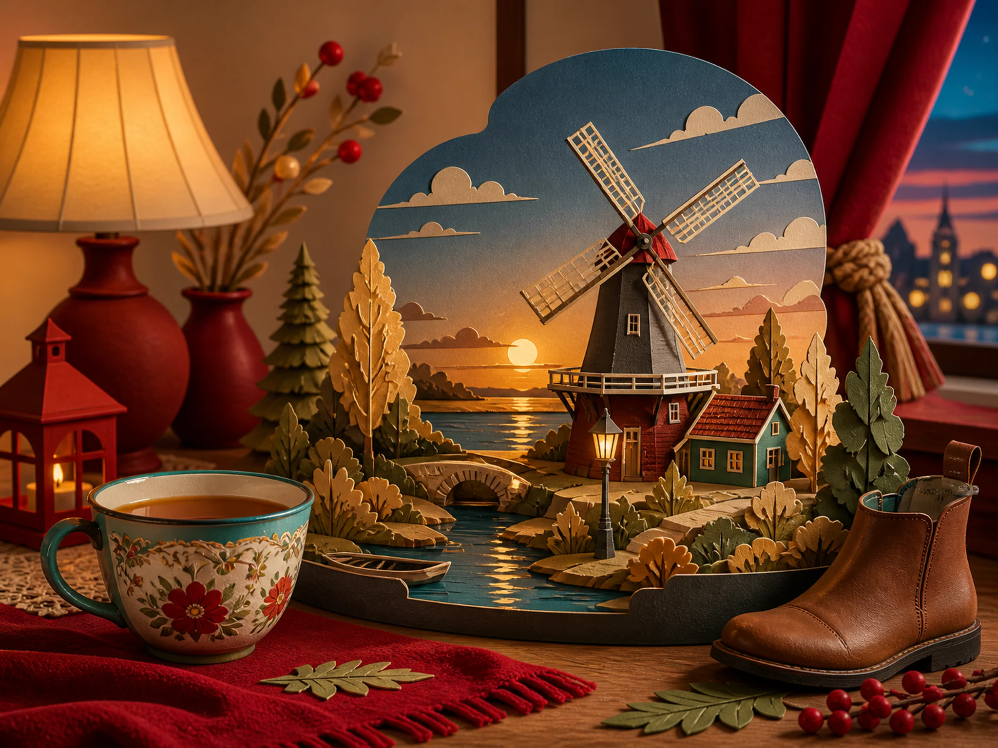 Windmill Evening drying beside enameled tea cup in a carefully decorated new-year room, with layered scenery and golden lamplight at dusk.