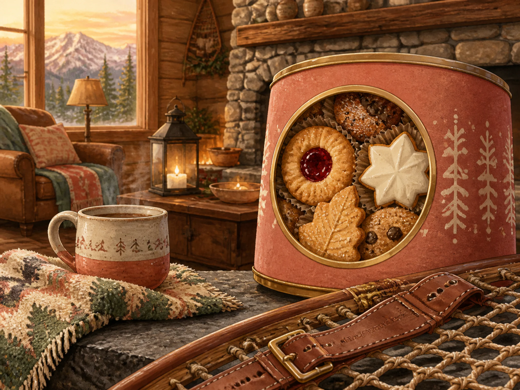 Cookie Window sheltered beside leather snowshoe strap in a glowing communal evening, with layered scenery and warm late-day sunlight.
