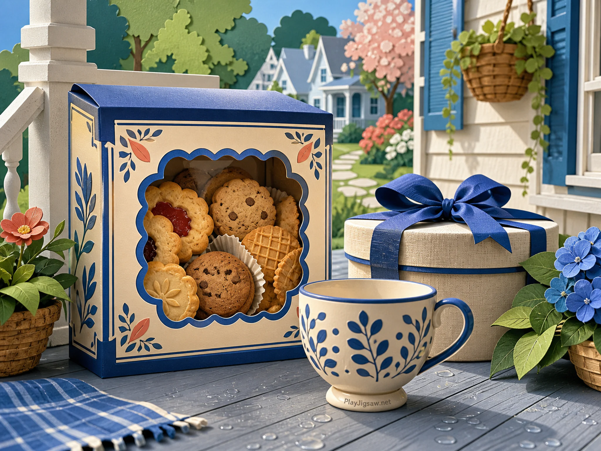 Cookie Window filled beside linen ribbon box in a fresh rain-washed spring porch, with layered scenery and clear early morning light.