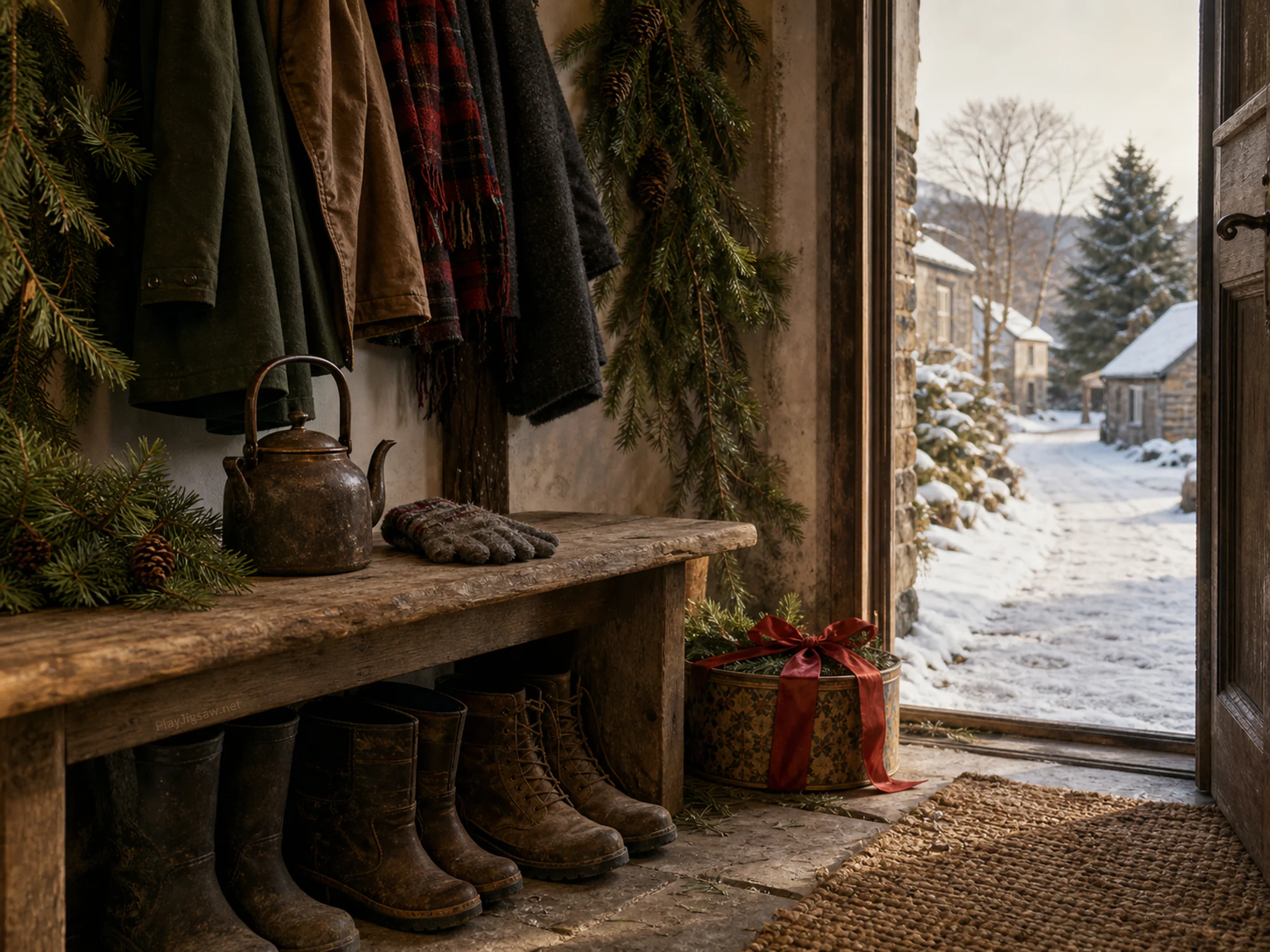 evergreen entryway arranged naturally beside a ribbon box in a family evergreen entryway with boots and a warm kettle nearby, with familiar objects and bright diffused window.