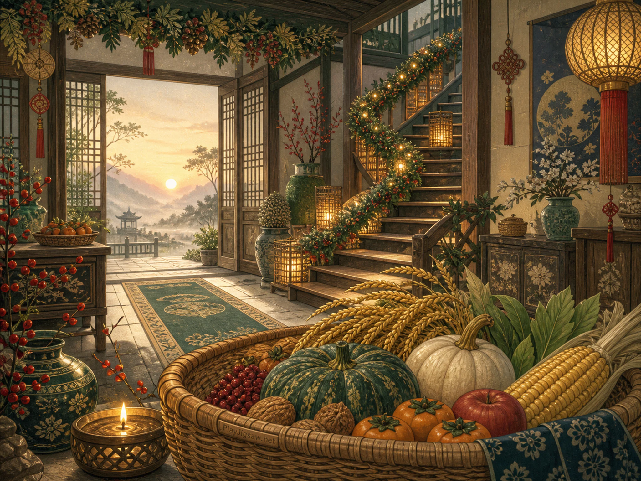 Garland Stair Hall resting beneath woven harvest basket in a carefully decorated new-year room, with layered scenery and calm misty dawn.