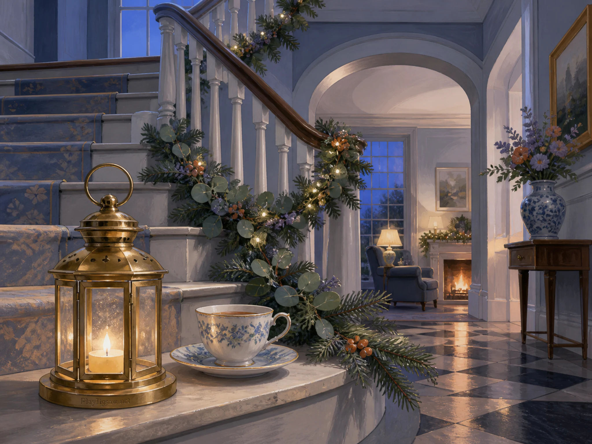 Garland Stair Hall arranged along enameled tea cup in a restrained festive interior, with layered scenery and cool blue-hour light.