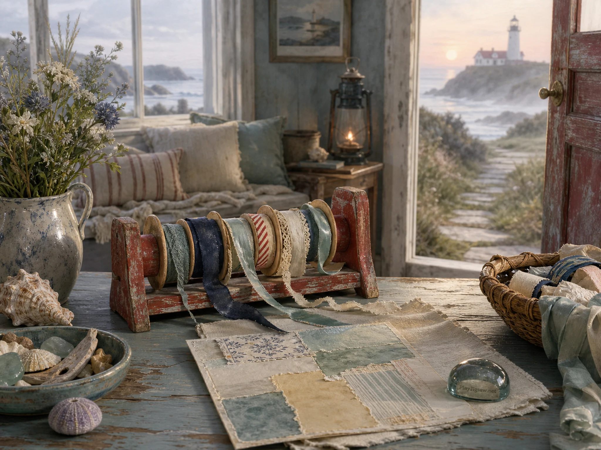 Ribbon Mending Table ready near paper craft packet without text in a weather-swept coastal home, with layered scenery and calm misty dawn.