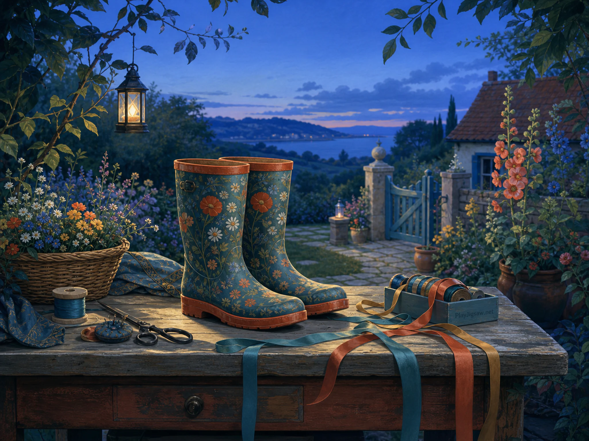 Ribbon Mending Table glowing around painted garden boots in a bright midsummer outdoor setting, with layered scenery and cool blue-hour light.