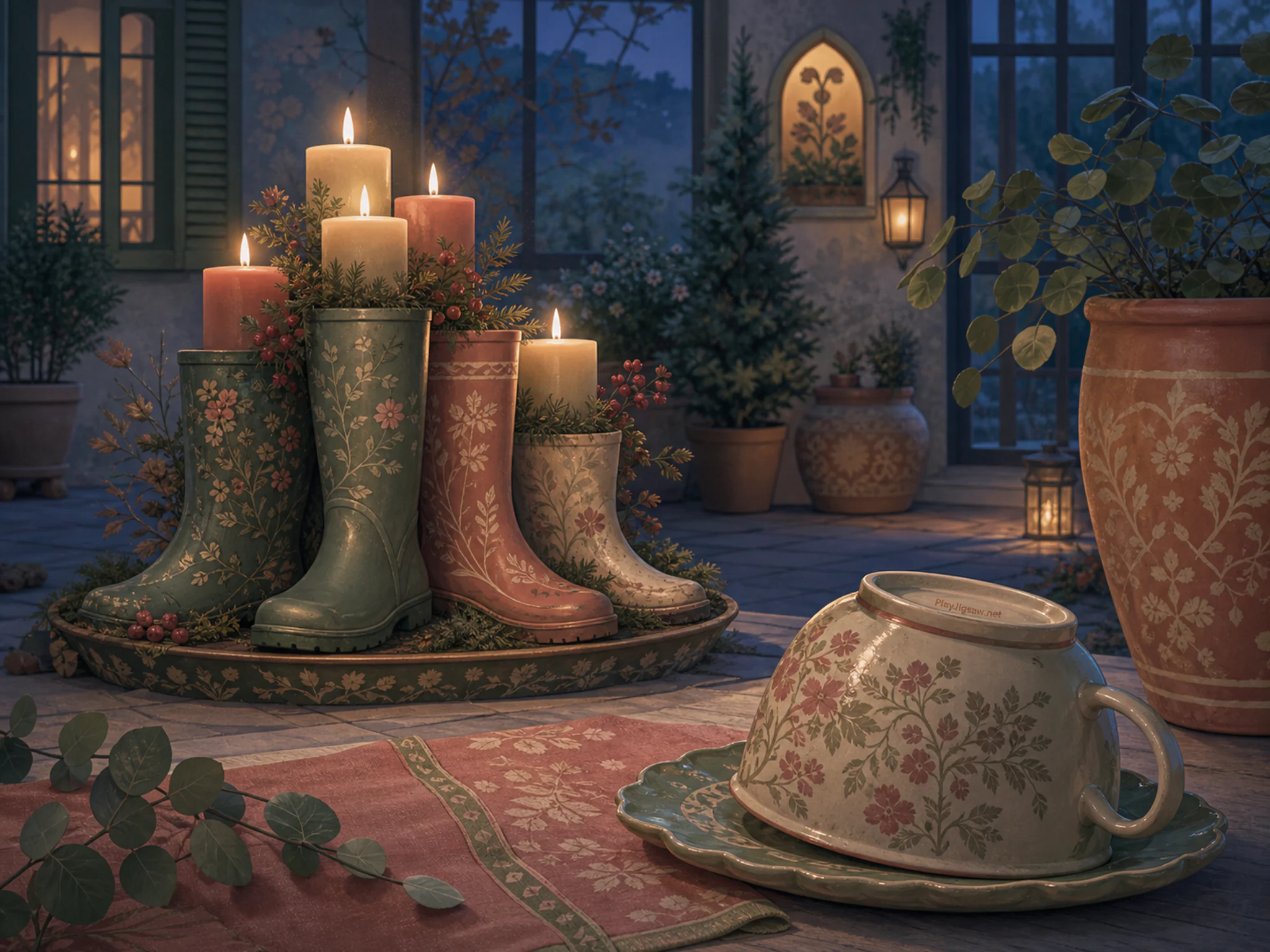 Candle Courtyard arranged along painted garden boots in a carefully decorated new-year room, with layered scenery and cool blue-hour light.
