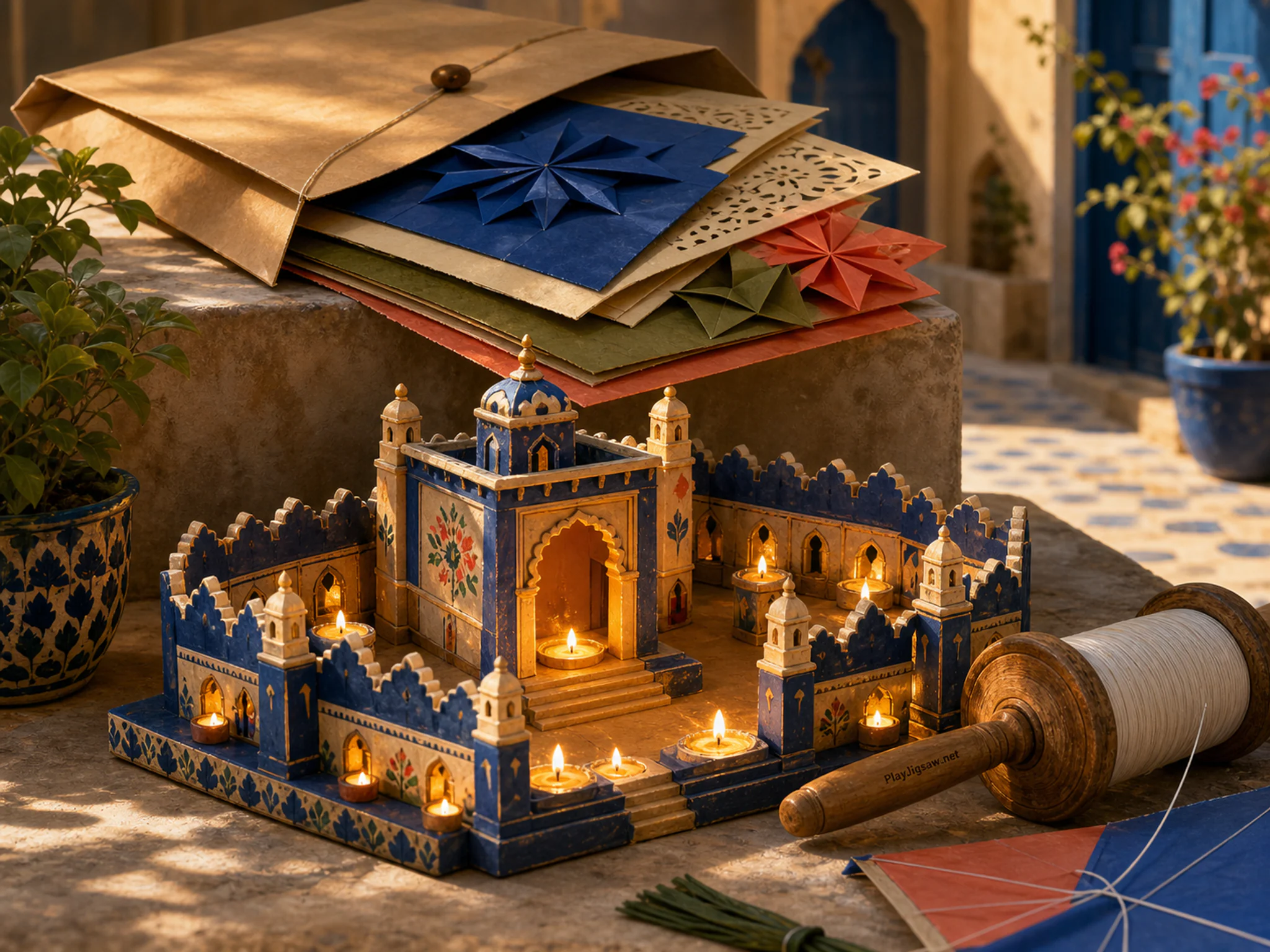 Candle Courtyard resting beneath paper craft packet without text in a restrained festive interior, with layered scenery and warm late-day sunlight.