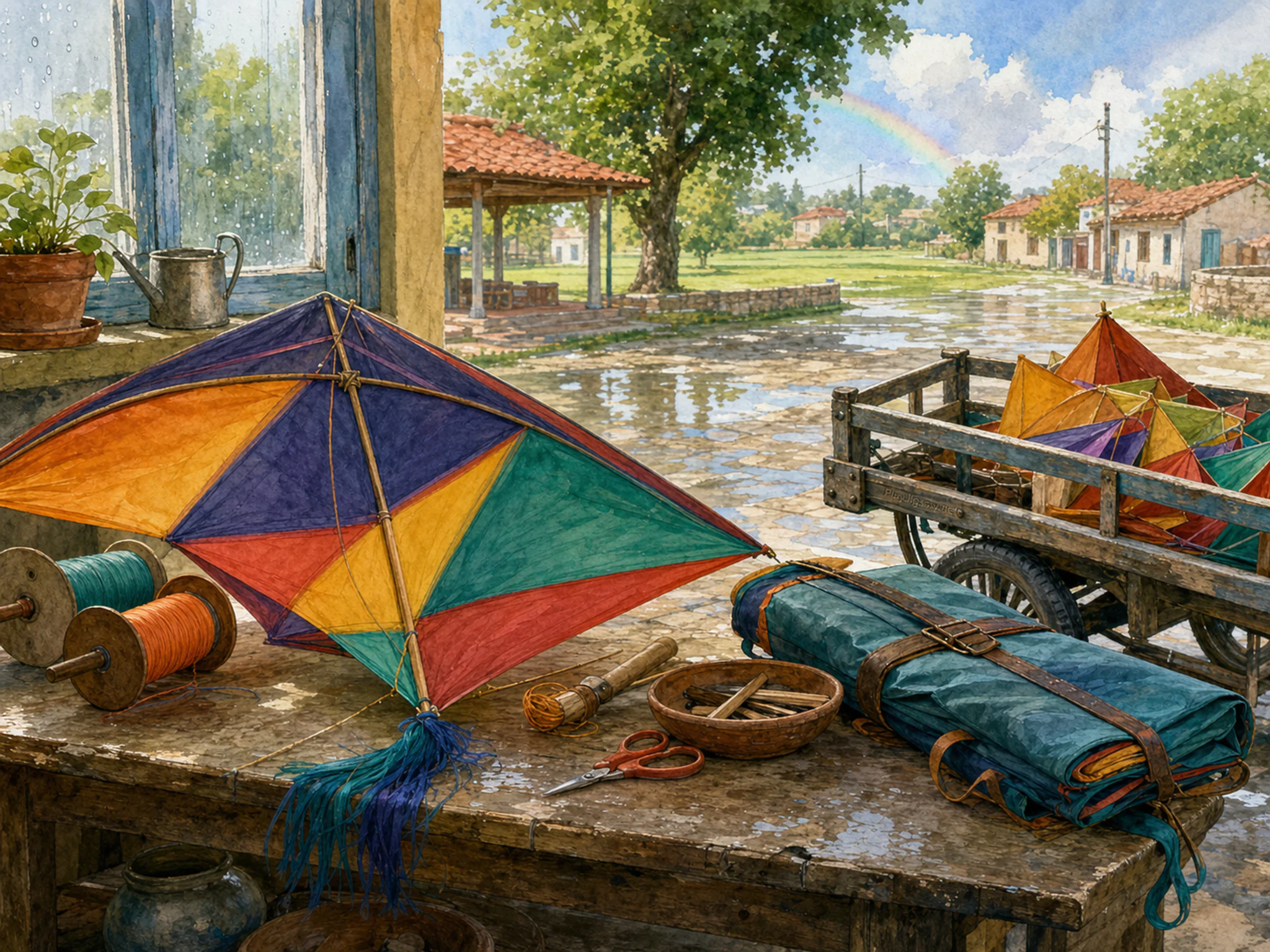 kite rooftop festival arranged naturally beside a folded kite bag in a village park table being prepared for a kite festival, with familiar objects and sun after a brief rain.