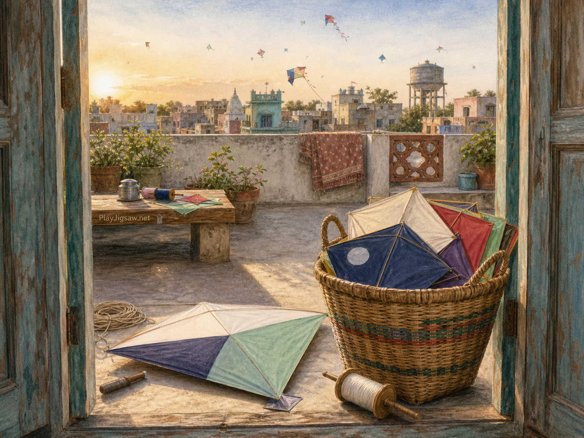 kite rooftop festival arranged naturally beside a woven kite basket in a rooftop terrace being prepared for a familiar kite festival, with familiar objects and warm late-day.