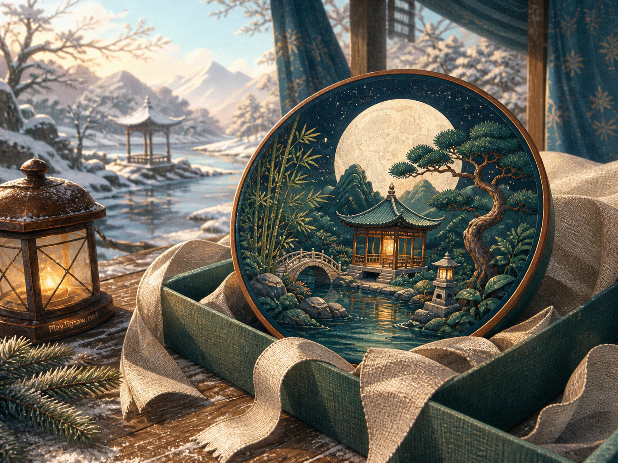 Moon Drum Garden being folded on linen ribbon box in a snow-softened winter shelter, with layered scenery and clear early morning light.