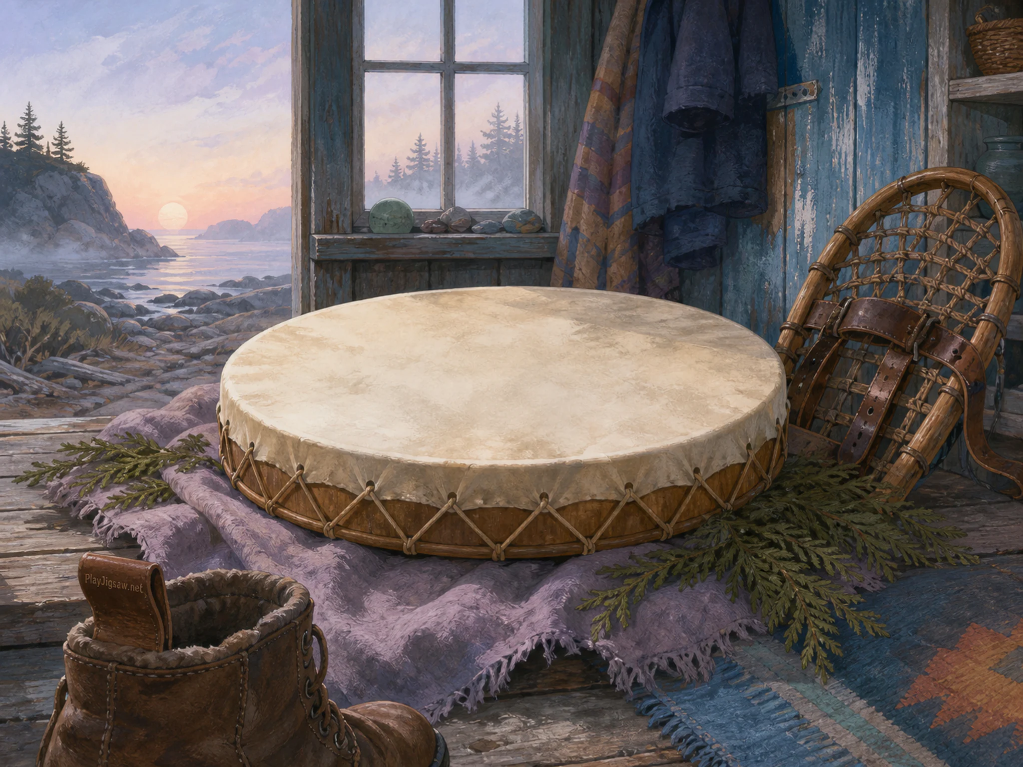 Moon Drum Garden drying beside leather snowshoe strap in a weather-swept coastal home, with layered scenery and calm misty dawn.