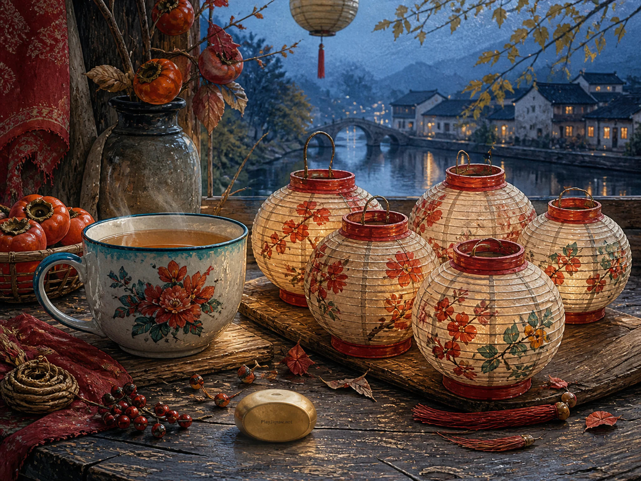River Lanterns ready near enameled tea cup in a warm harvest workspace, with layered scenery and cool blue-hour light.