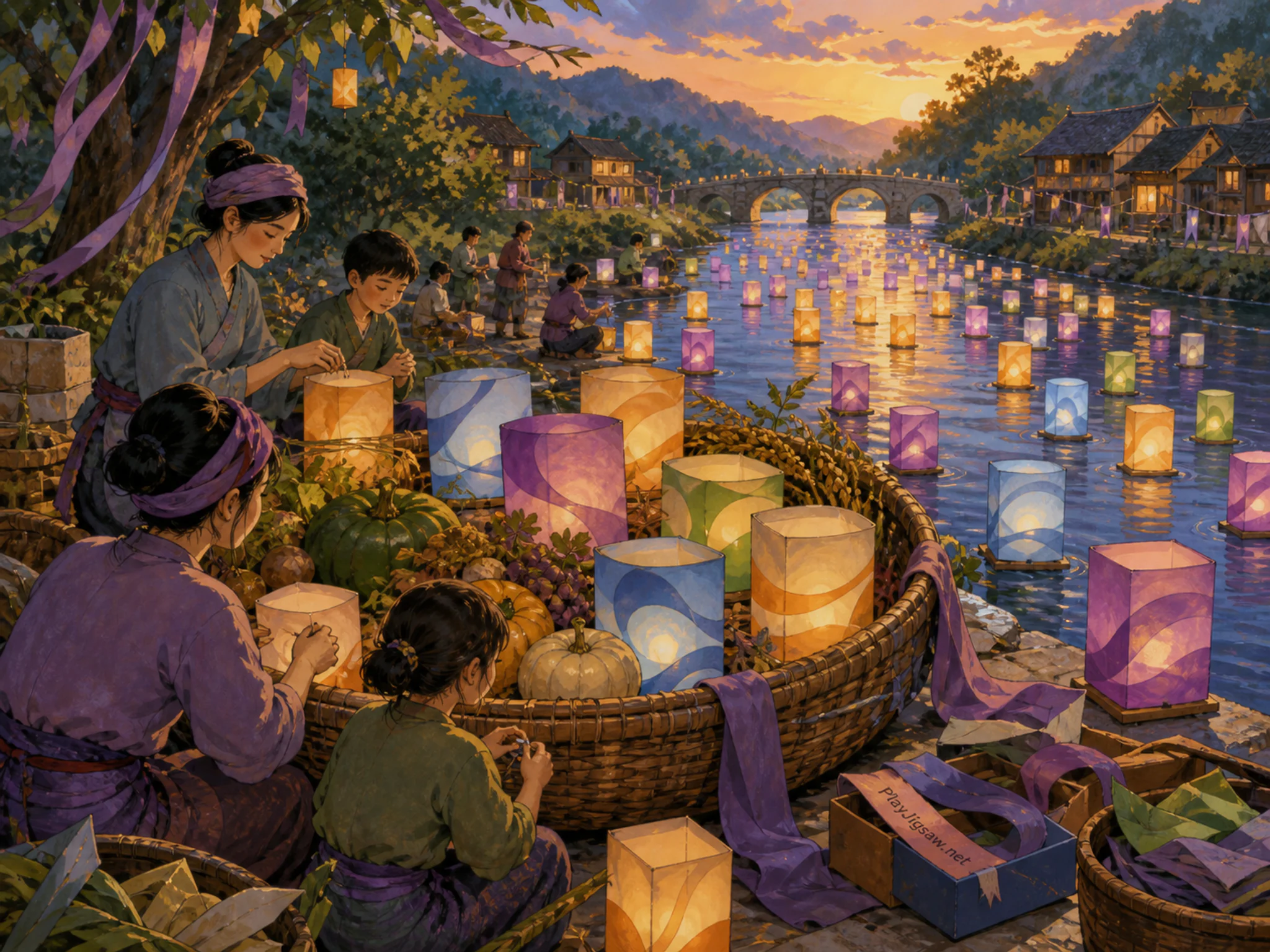 River Lanterns glowing around woven harvest basket in a glowing communal evening, with layered scenery and warm late-day sunlight.