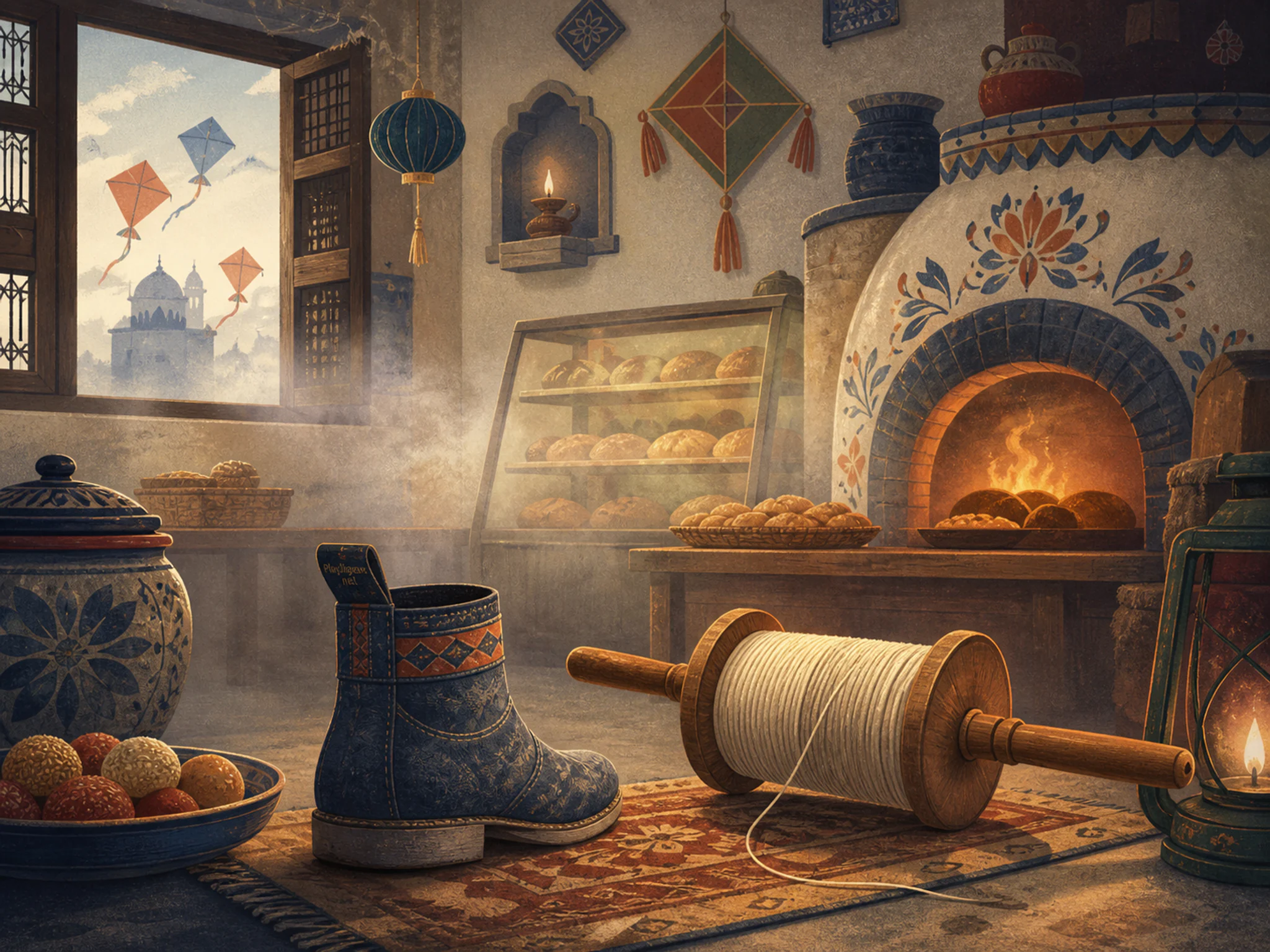 Foggy Bakery glowing around wooden kite spool in a carefully decorated new-year room, with layered scenery and soft overcast afternoon.