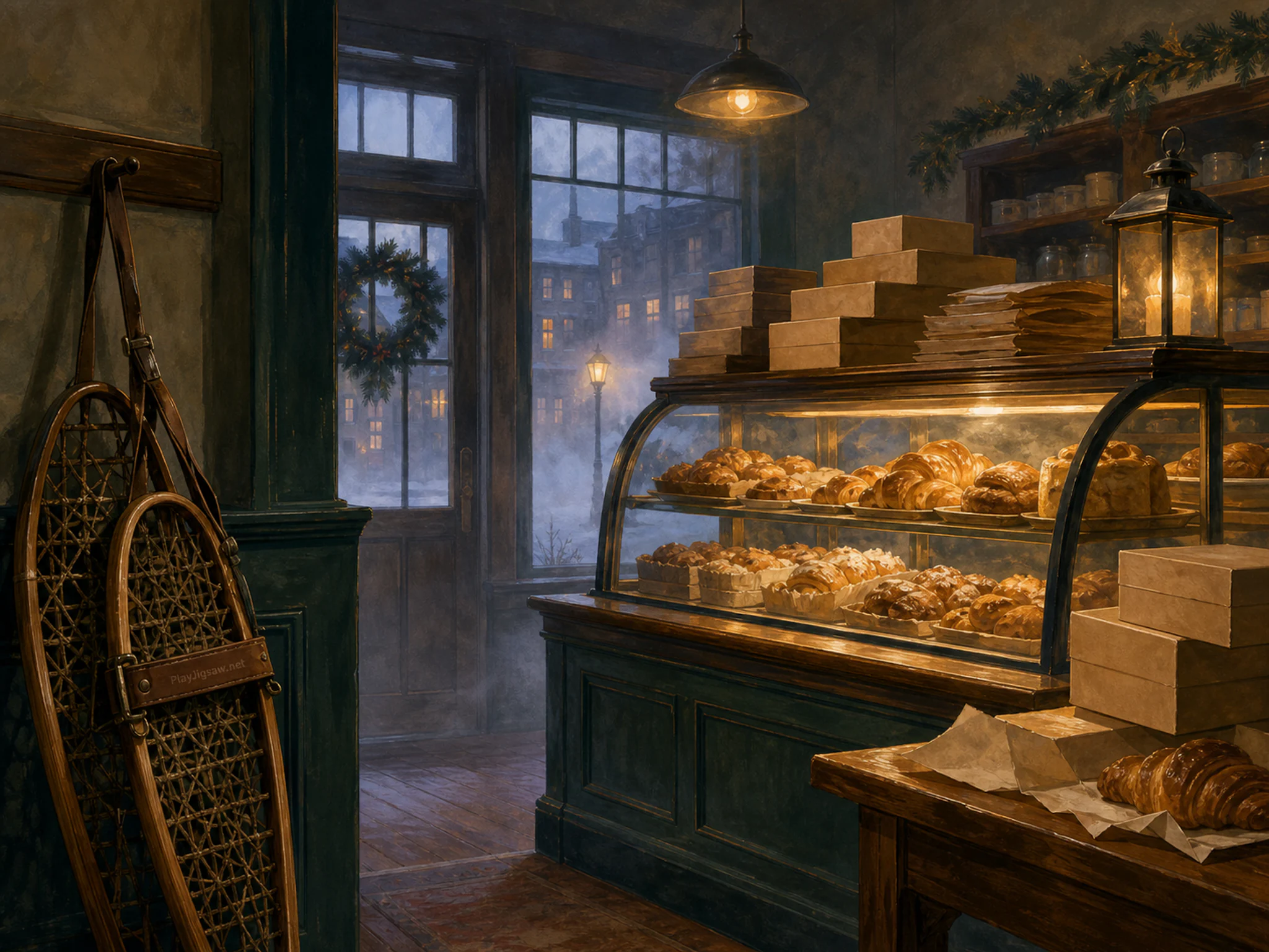 Foggy Bakery ready near small lantern frame in a restrained festive interior, with layered scenery and golden lamplight at dusk.