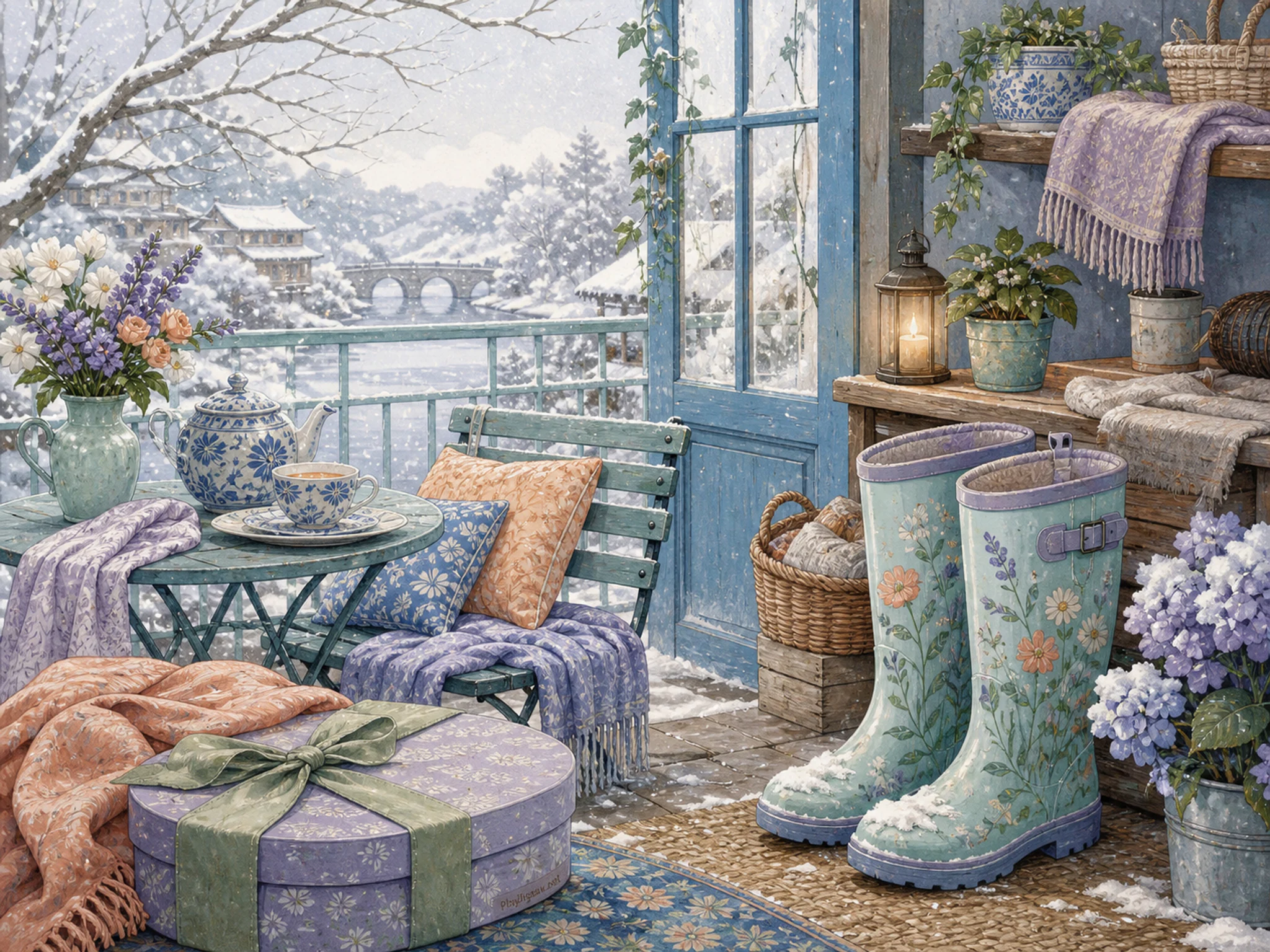 Monsoon Tea Balcony filled beside painted garden boots in a snow-softened winter shelter, with layered scenery and bright diffused window light.