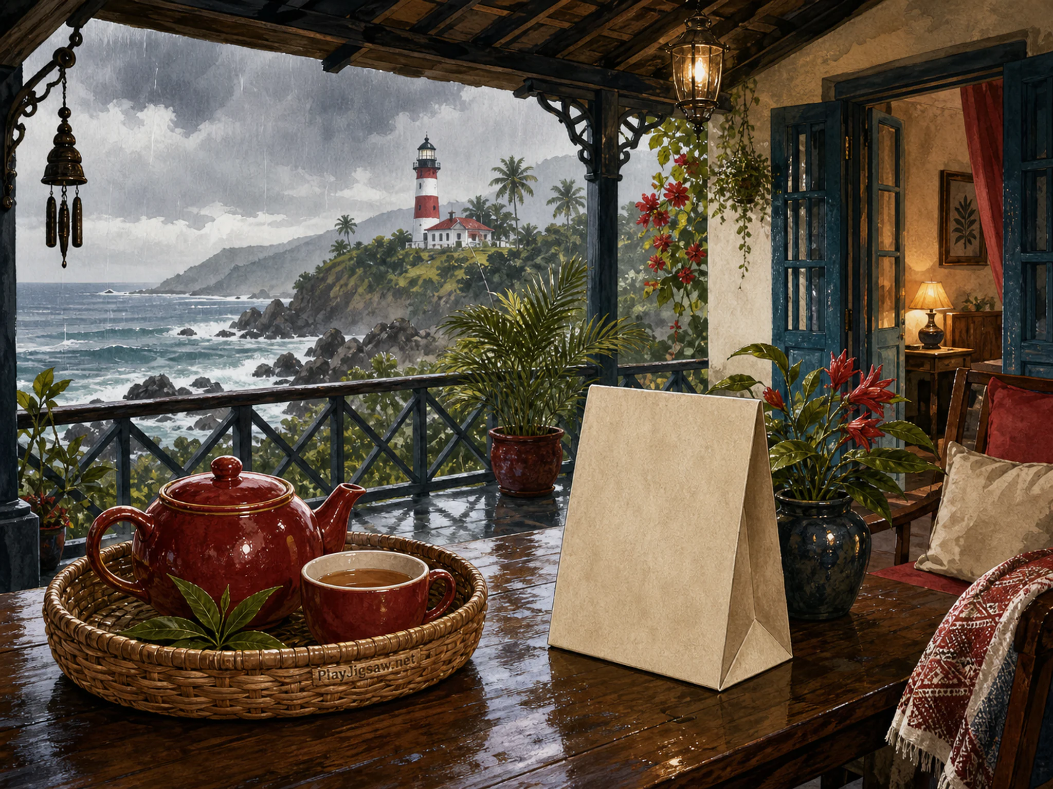 Monsoon Tea Balcony sheltered beside paper craft packet without text in a weather-swept coastal home, with layered scenery and gentle rain with crisp reflections.
